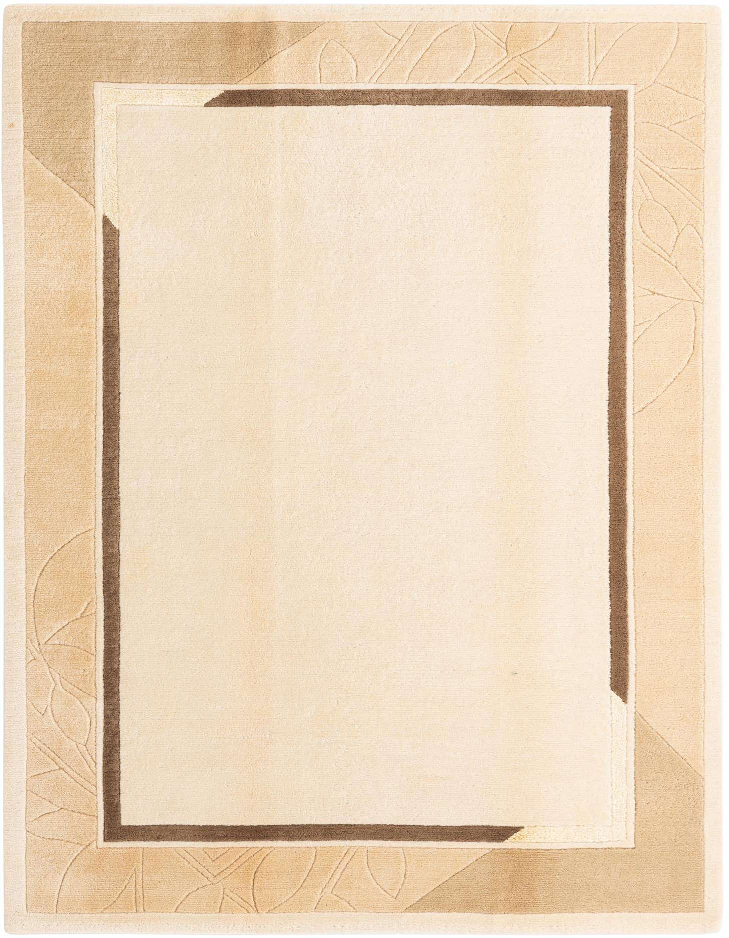 A 5x8 rectangular Darya rug with a cream center and a wide tan border featuring subtle leaf patterns and a dark brown inner trim.