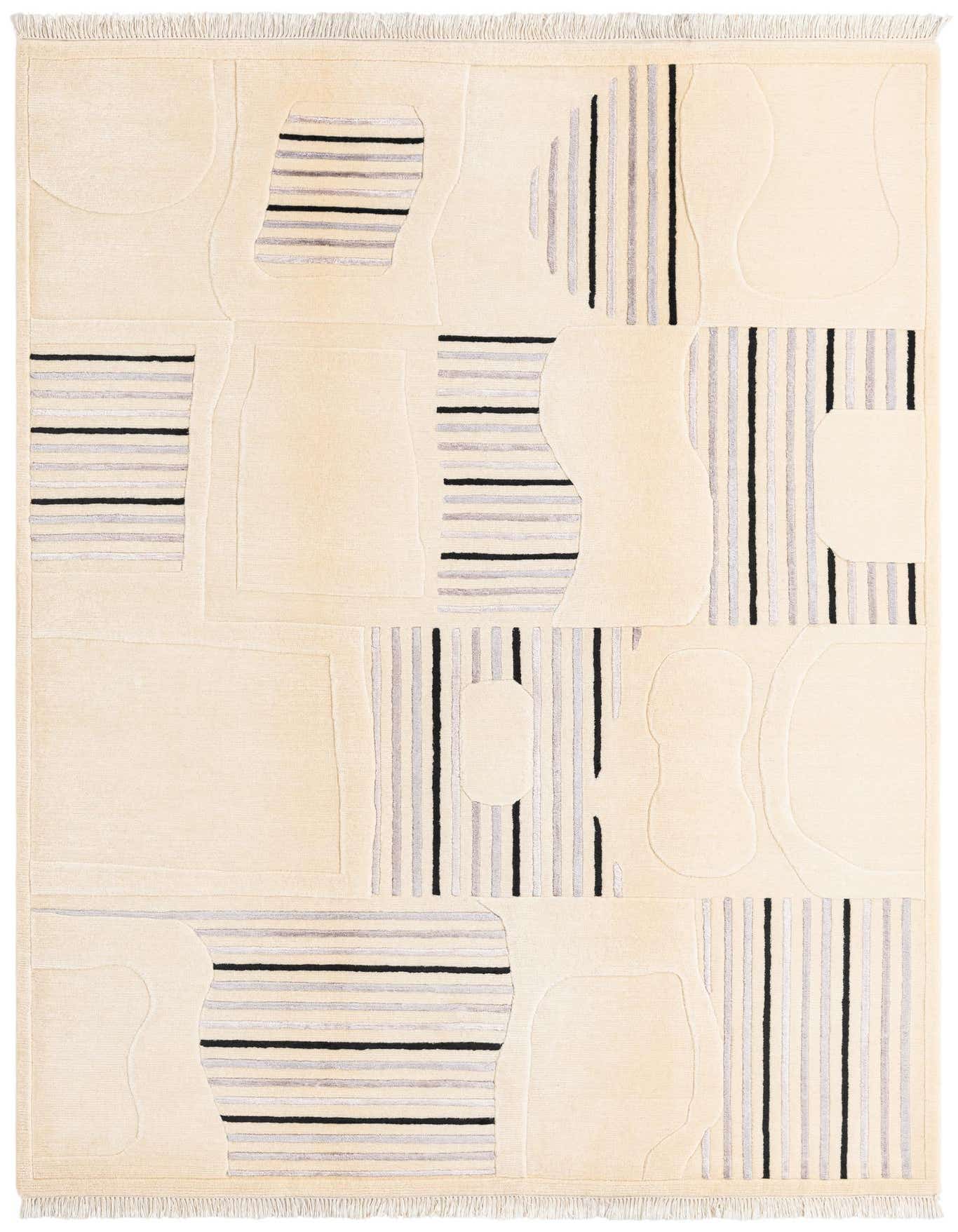 A 5x8 rectangular wool rug in cream and tan with a modern abstract pattern of black and grey stripes and organic shapes.