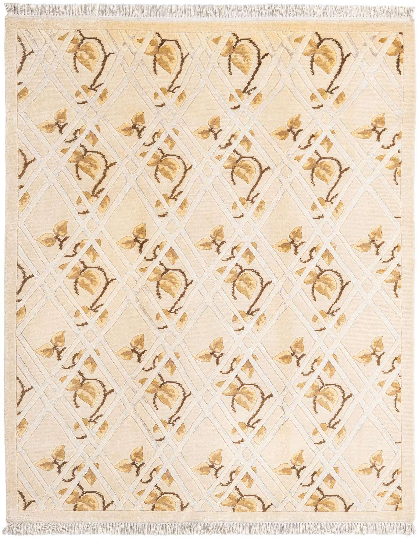 A 4x6 rectangular Darya rug with a modern Persian pattern in ivory, cream, and brown, featuring a trellis design with leaf motifs.
