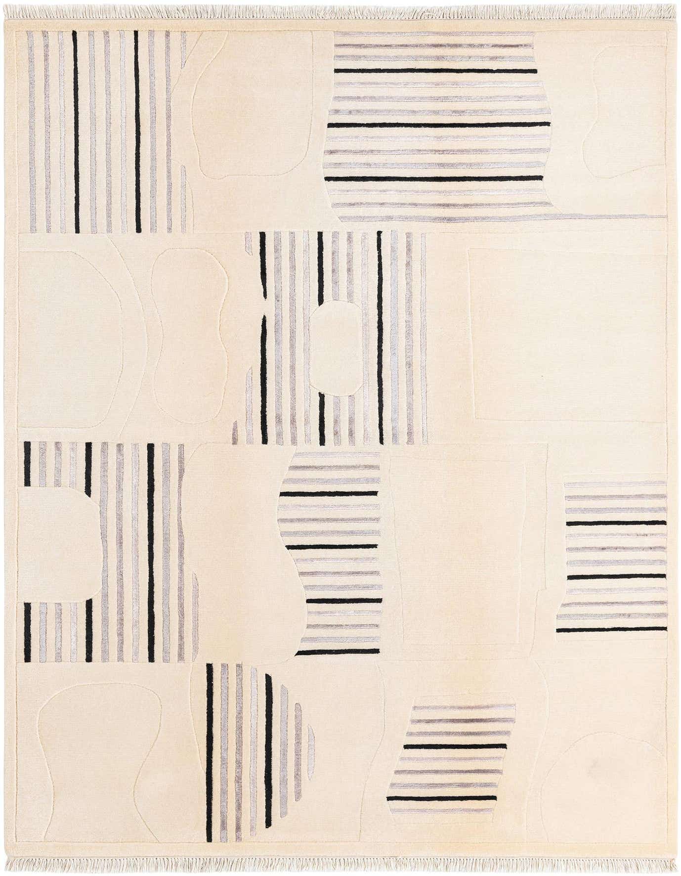 A 5x8 rectangular Darya rug with a modern Persian pattern in cream, tan, and black stripes and abstract shapes.
