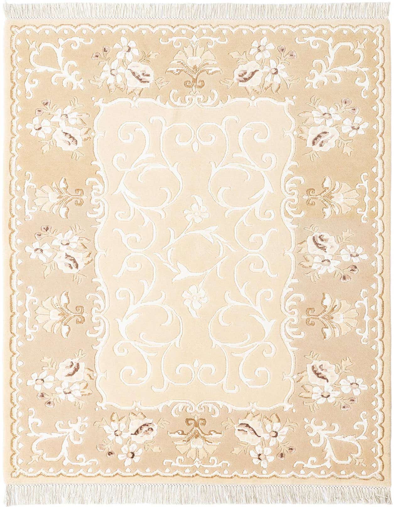 A 4x6 rectangular Darya rug with a modern Persian pattern in brown, tan, and ivory, featuring an ornate floral border and central medallion.