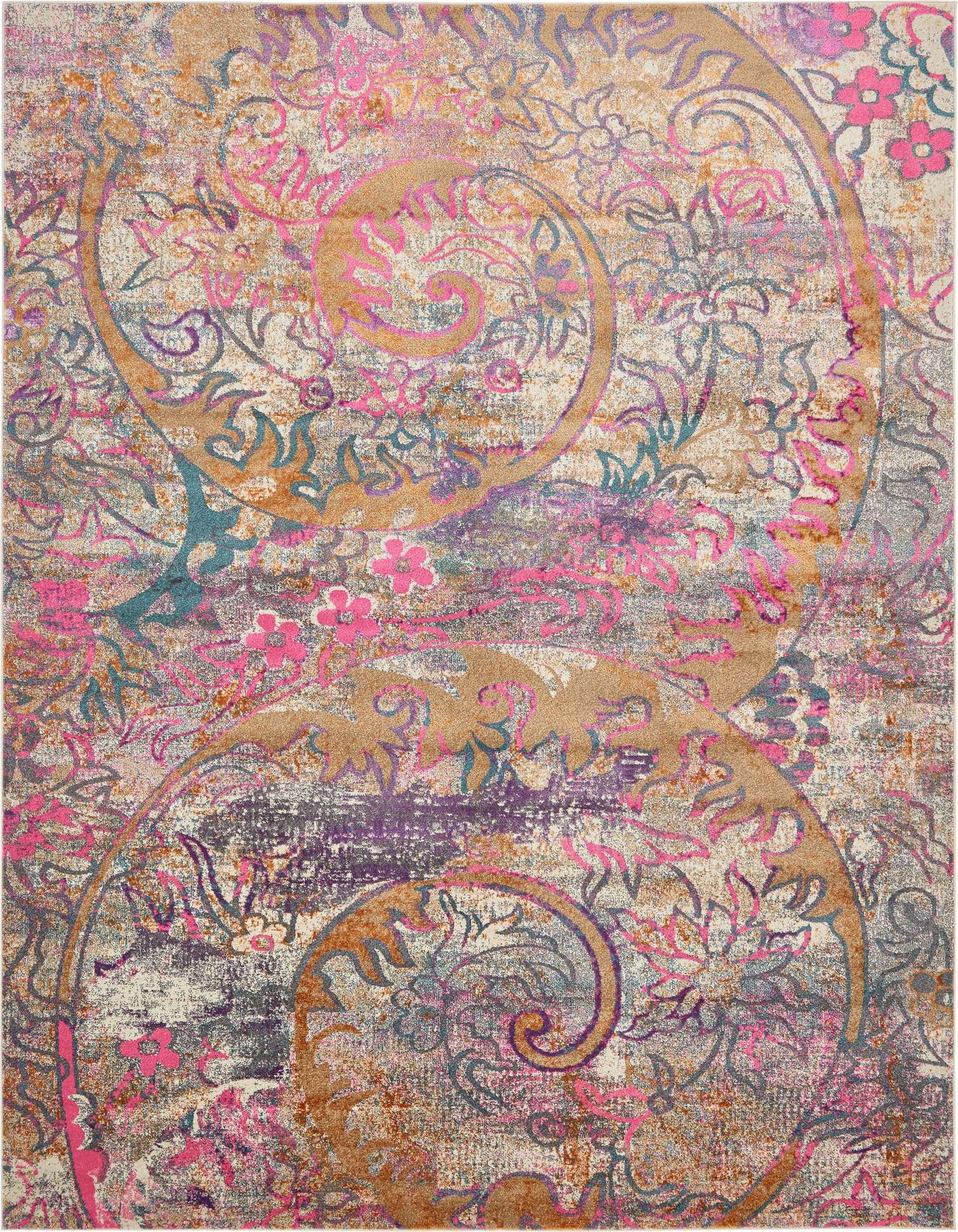 A 10x13 rectangular Delilah rug featuring an eclectic, distressed floral and botanical pattern in shades of brown, ivory, pink, purple, and teal.