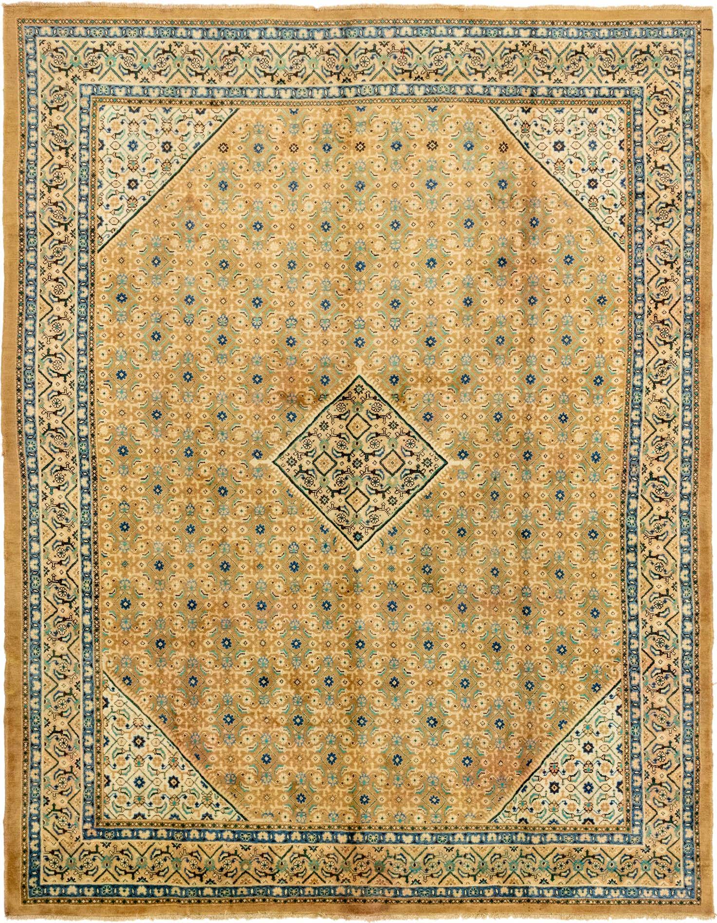 A 10x13 rectangular Farahan rug in warm browns and ivories, featuring a traditional Persian tribal pattern with a central medallion and intricate borders.