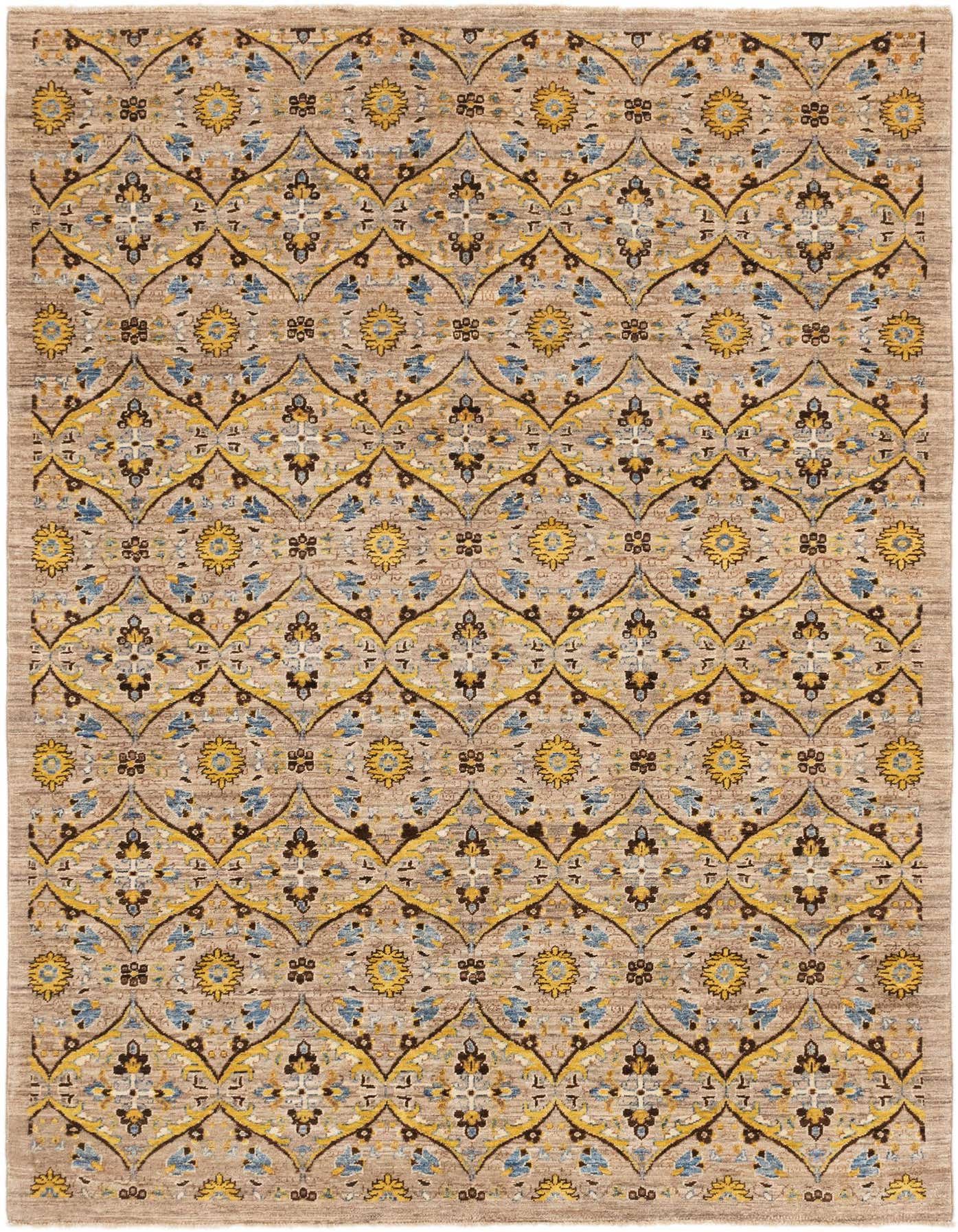 A 6x9 rectangular tribal rug featuring an all-over trellis pattern in shades of brown, tan, ivory, yellow, and blue.