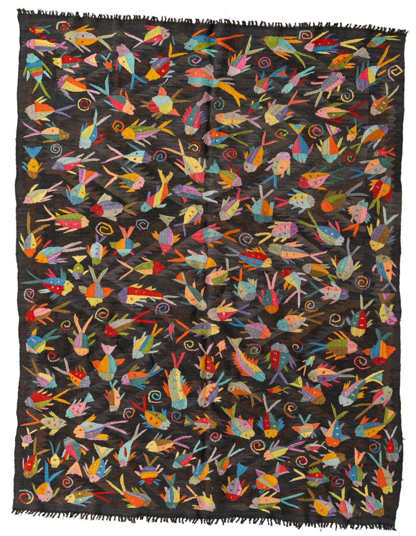 A 5x8 rectangular Kilim Suzani rug featuring a dark brown background with vibrant, multicolored fish and swirl patterns.