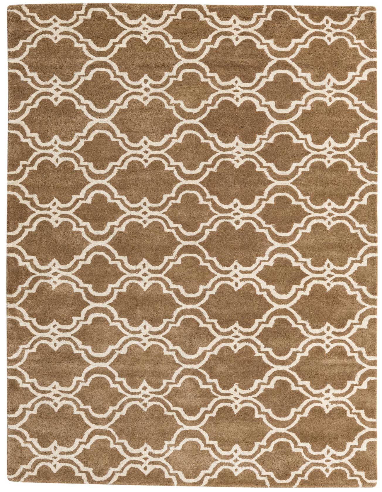 A 5x8 rectangular Luna Collection rug featuring a modern ivory quatrefoil pattern on a rich brown background.