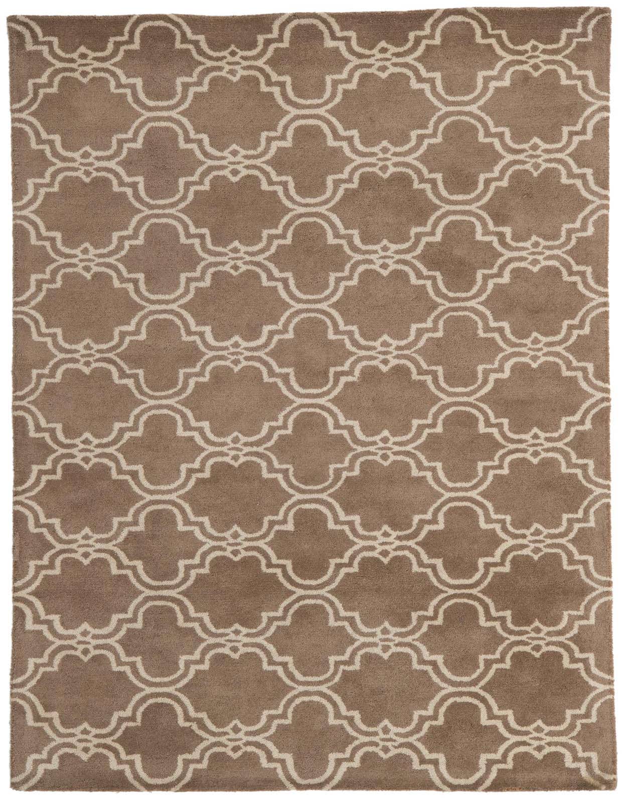 A rectangular 5x8 Luna Collection rug with a brown background and an ivory abstract modern pattern, suitable for a living room.