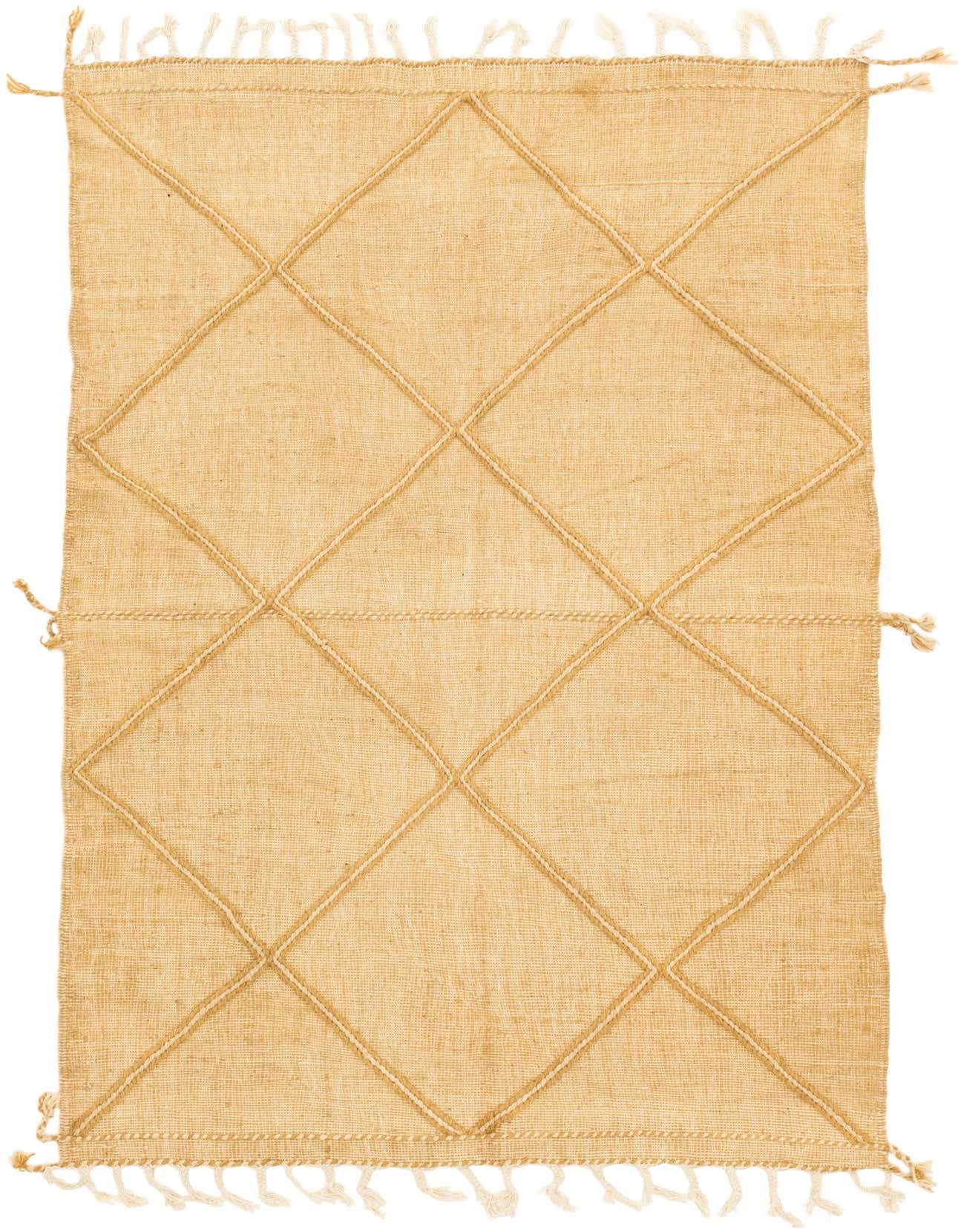 A 5x8 rectangular brown tribal wool shag rug with a diamond pattern and fringe, perfect for a living room.