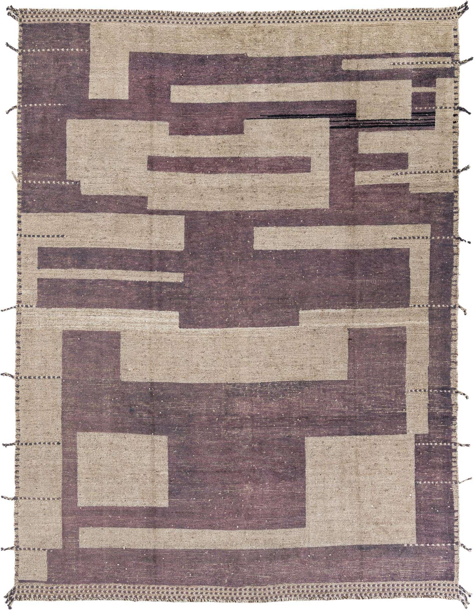 A rectangular 8x10 Moroccan shag rug in brown and cream with an abstract tribal pattern, handmade from wool.