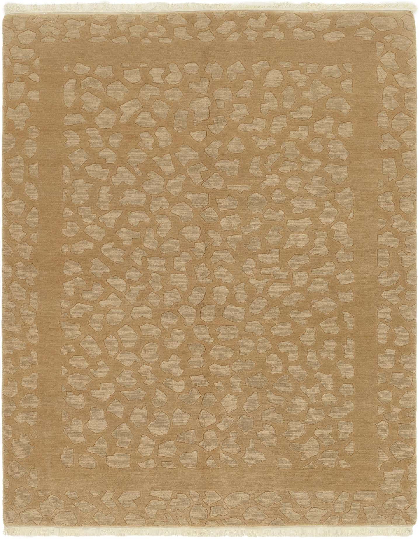 A 6x9 rectangular brown wool rug with an abstract, modern pattern and a subtle border, featuring high pile and cream fringes.