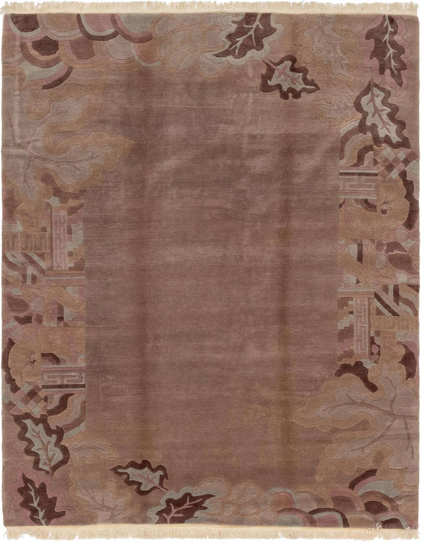 A rectangular 8x11 brown wool area rug with a high pile, featuring a traditional oriental border design in shades of brown, tan, and ivory.