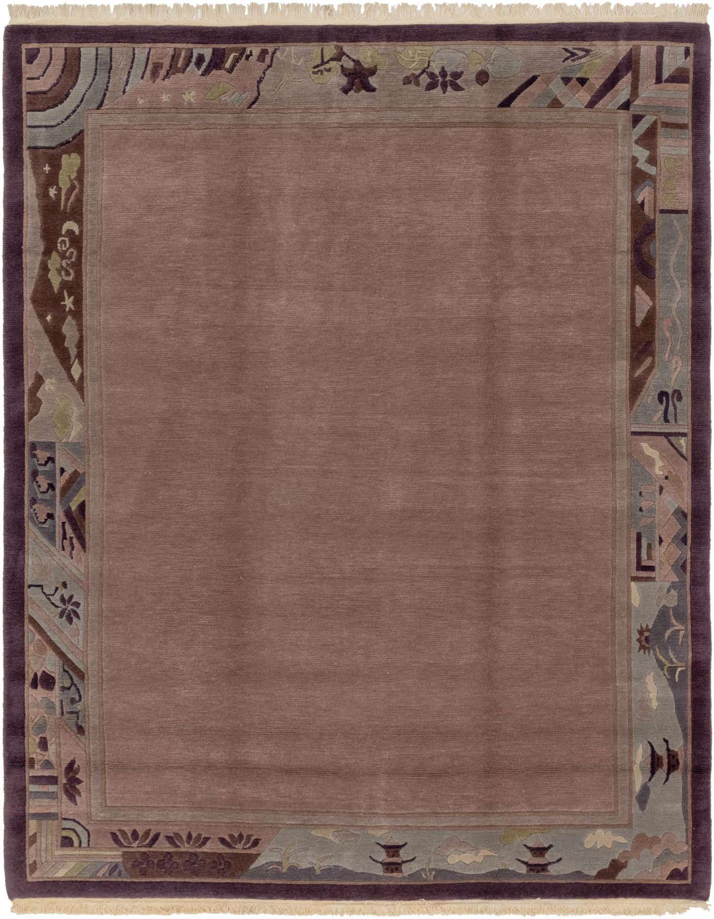An 8x11 rectangular Nepal Collection rug featuring a solid brown center and an intricate border with abstract Oriental patterns in shades of brown, tan, and cream.