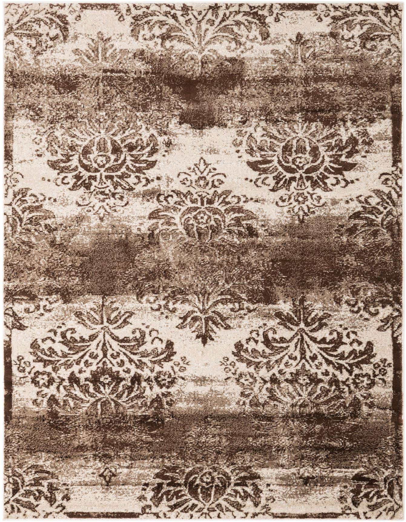 A rectangular 5x8 brown and cream area rug with a distressed traditional botanical pattern, ideal for a living room.