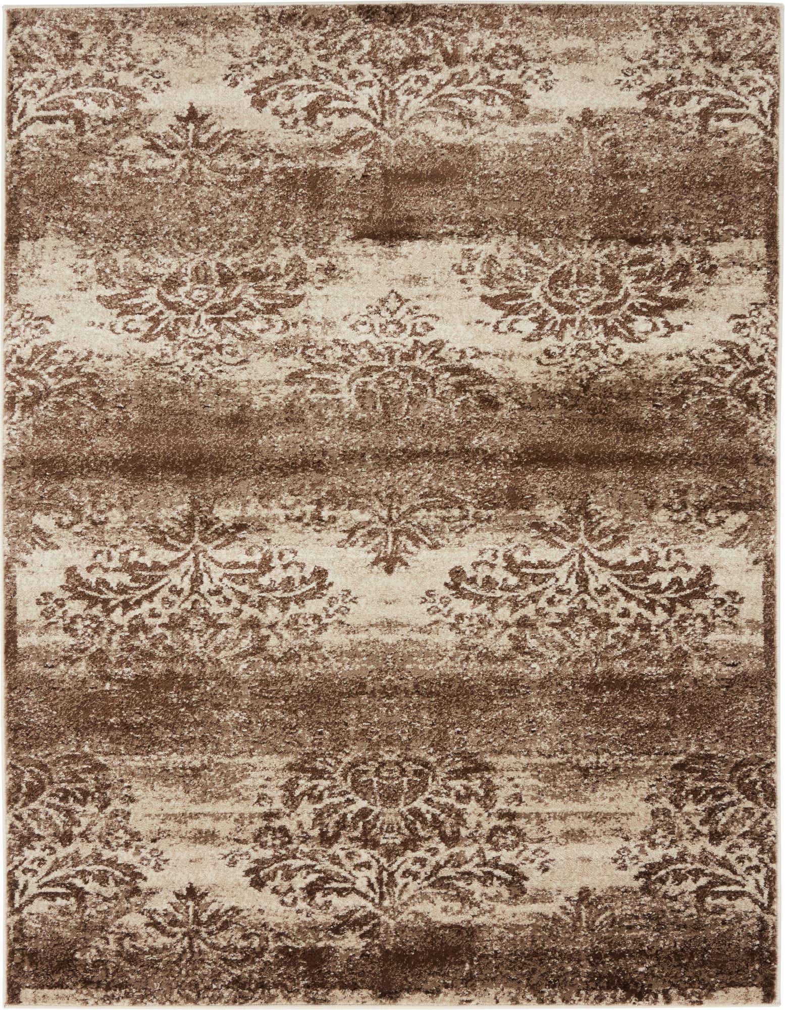 A 4x6 rectangular Nepal Collection rug featuring a distressed botanical pattern in shades of brown and cream, ideal for a living room.