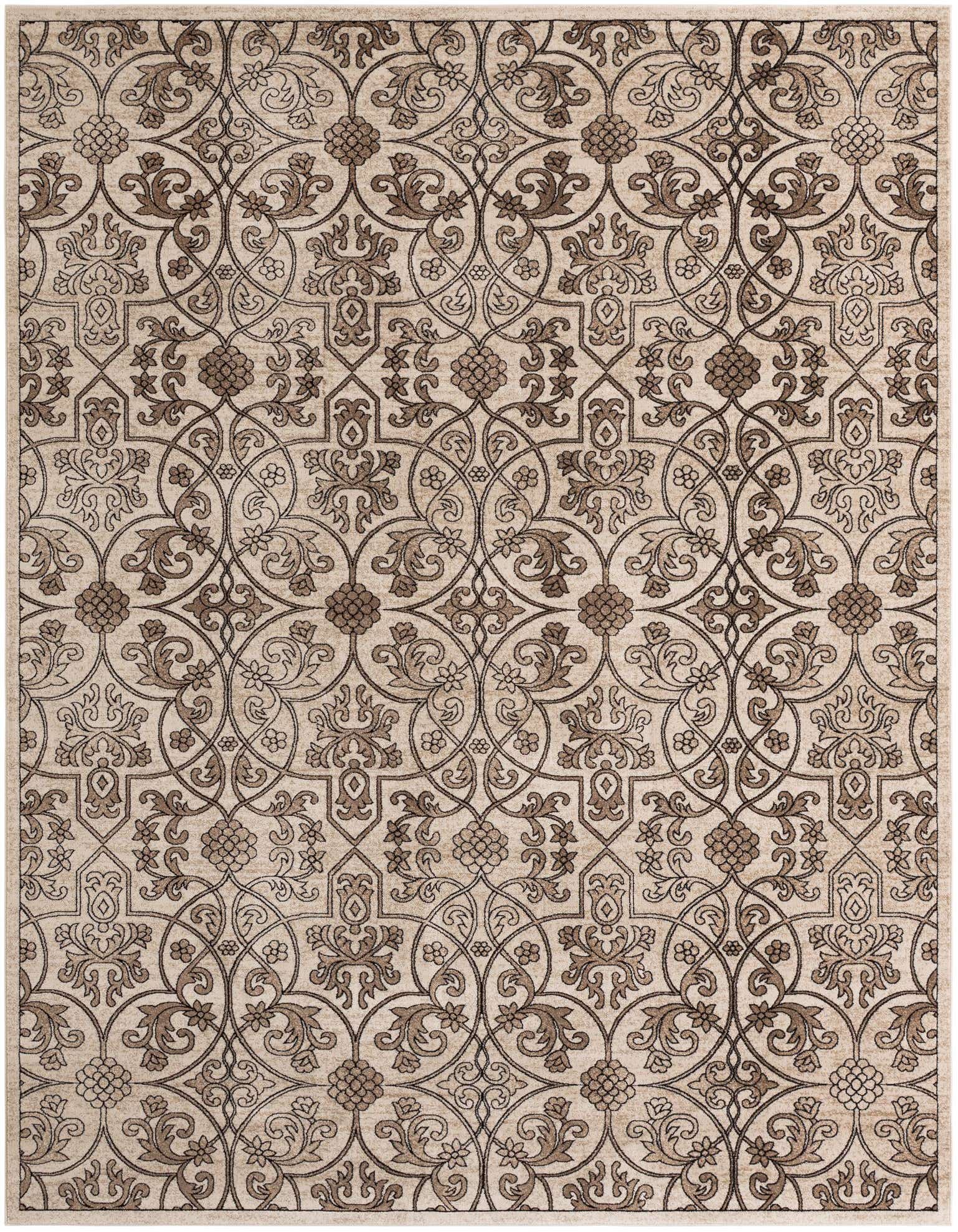A 10x13 rectangular indoor rug featuring a traditional botanical pattern in shades of brown and tan.
