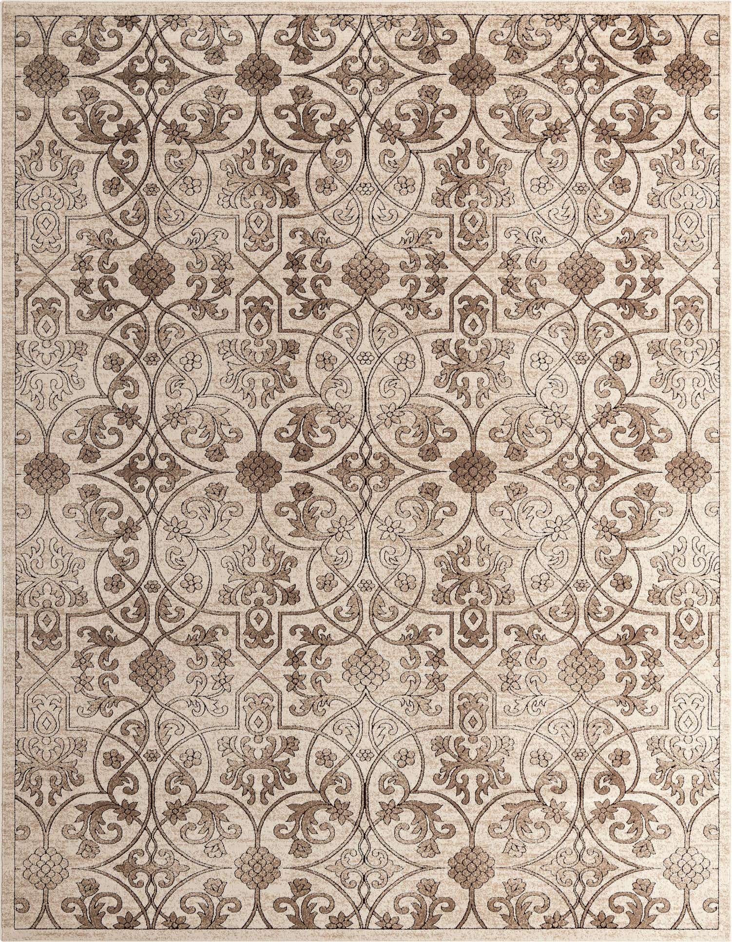 A 9x12 rectangular Nepal rug by Rugs.com featuring a detailed brown and ivory botanical pattern.