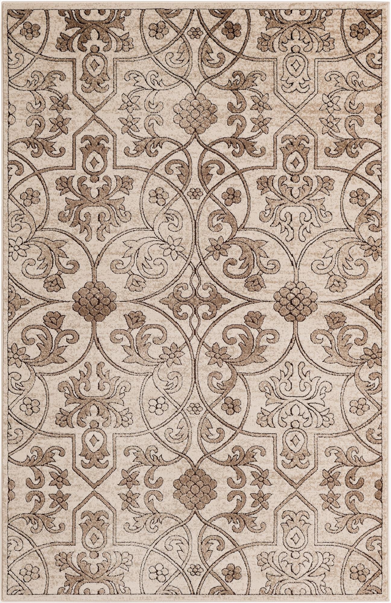 A 5x8 rectangular indoor rug with a traditional botanical pattern in shades of brown and cream, featuring an intricate floral and scroll design.