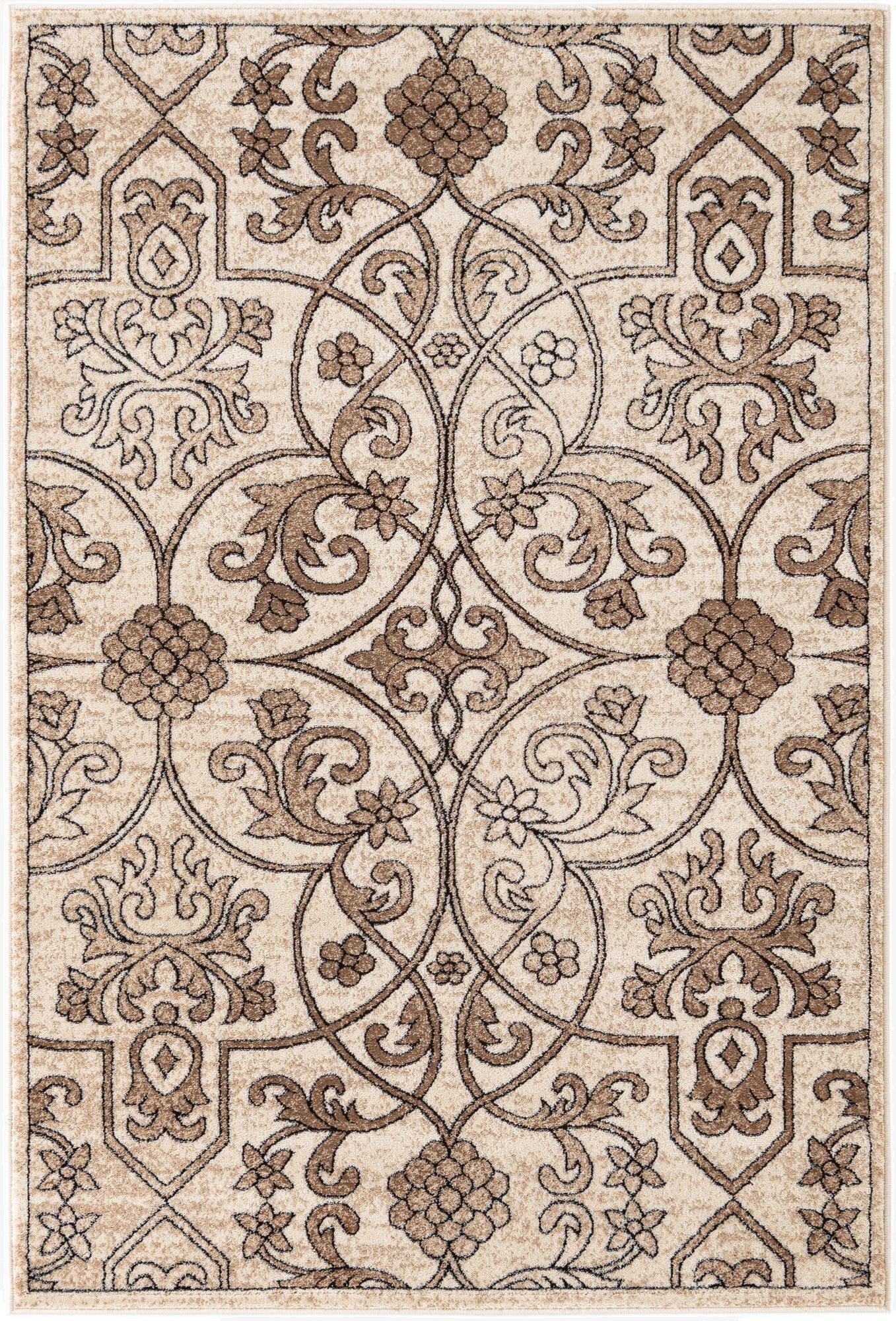 A 4x6 rectangular Nepal rug with a traditional floral and botanical pattern in shades of brown, tan, and cream.