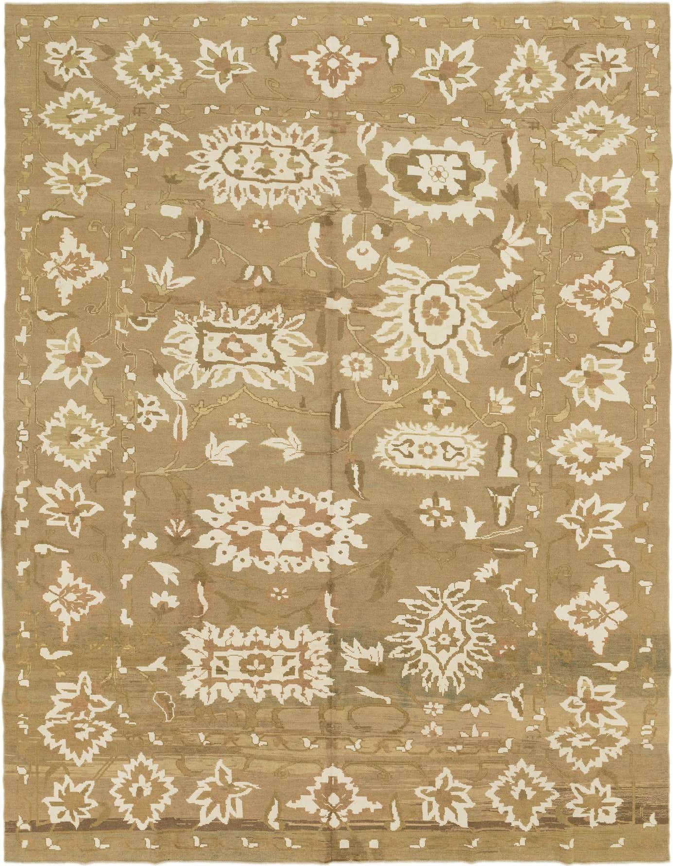 A rectangular Oushak Palace rug in brown and ivory, featuring a traditional floral and medallion pattern.