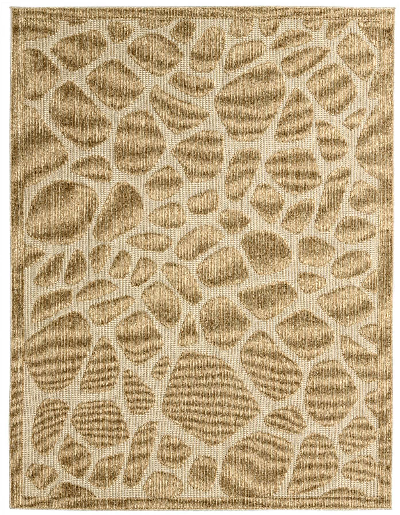 A 5x8 rectangular indoor/outdoor rug featuring an abstract giraffe or pebble pattern in varying shades of brown and cream.