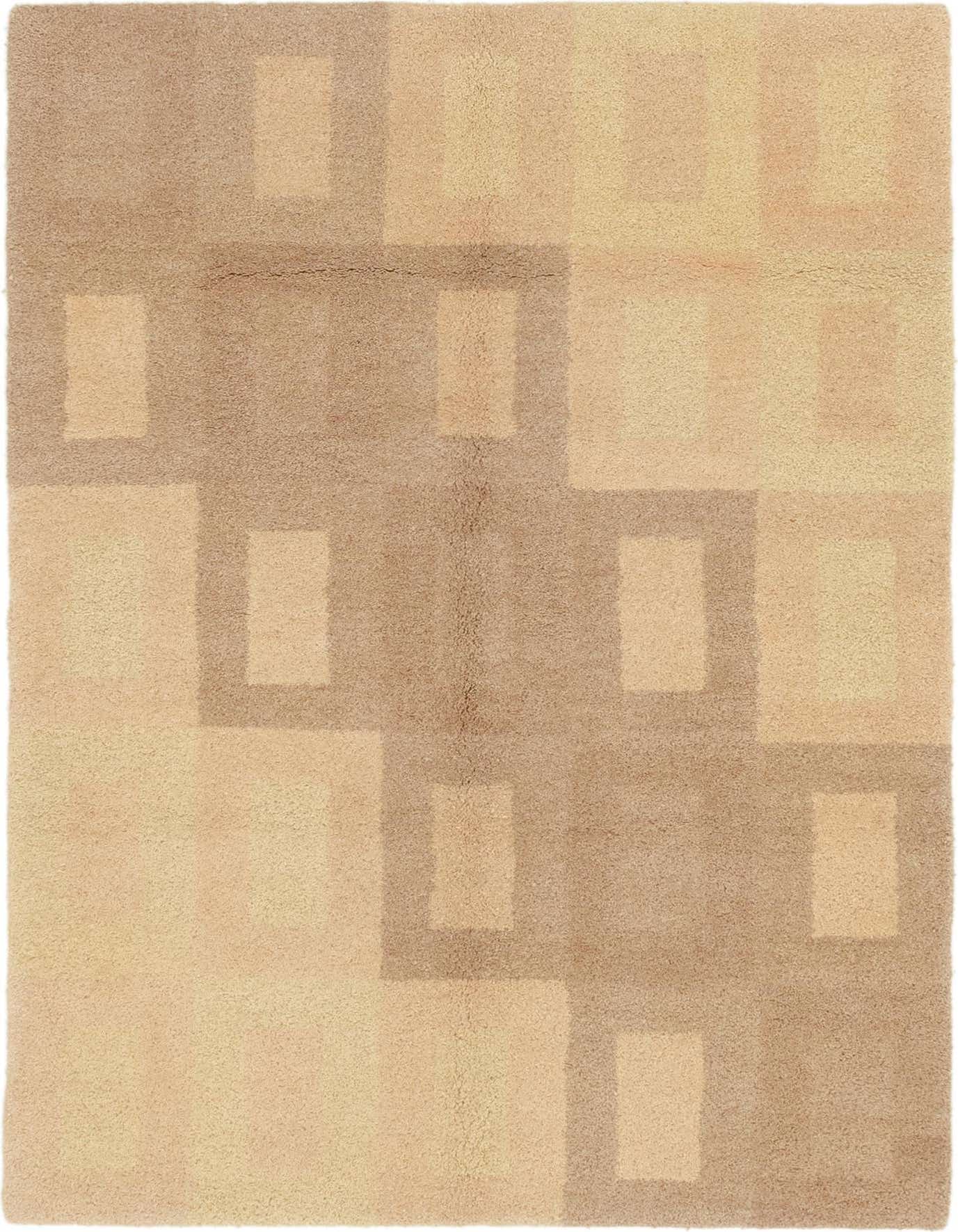 A 4x6 rectangular wool rug featuring a modern abstract geometric pattern in varying shades of brown, tan, and cream.