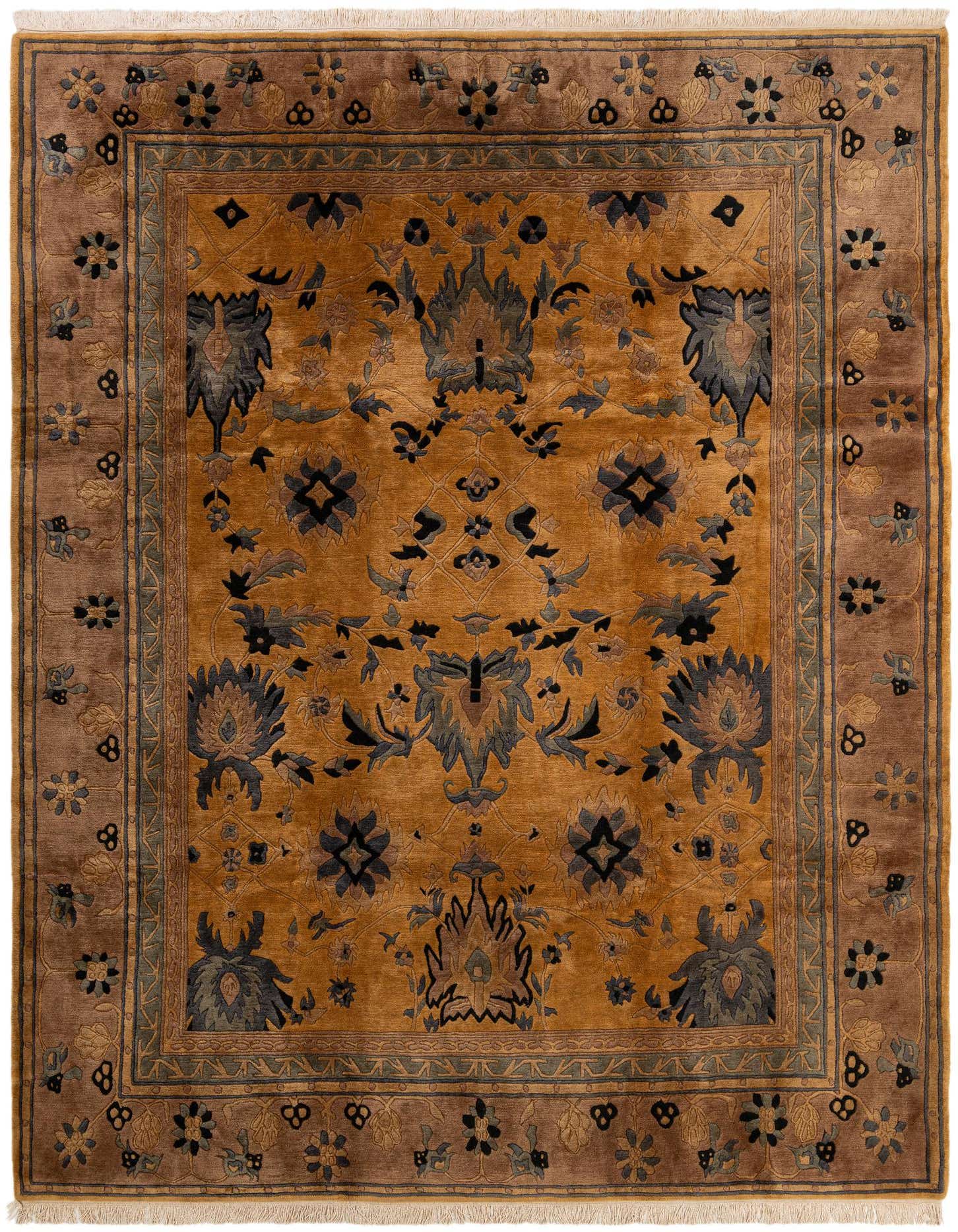 An 8x11 rectangular brown and tan oriental rug with a central medallion and intricate floral patterns, perfect for a living room.