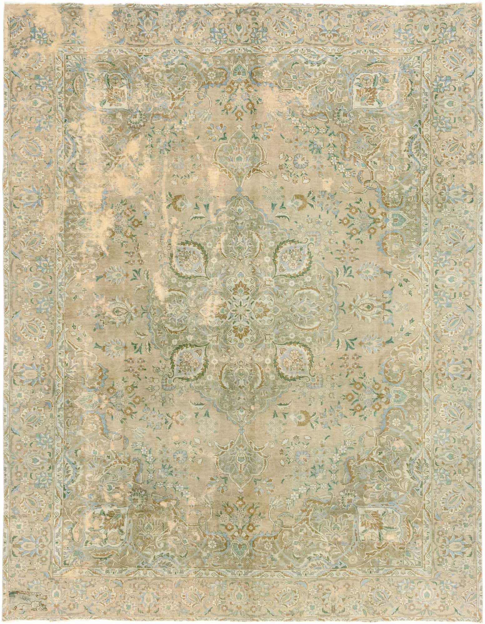 A 10x13 rectangular Ultra Vintage rug with a faded Persian medallion pattern in browns, tans, ivories, and creams.