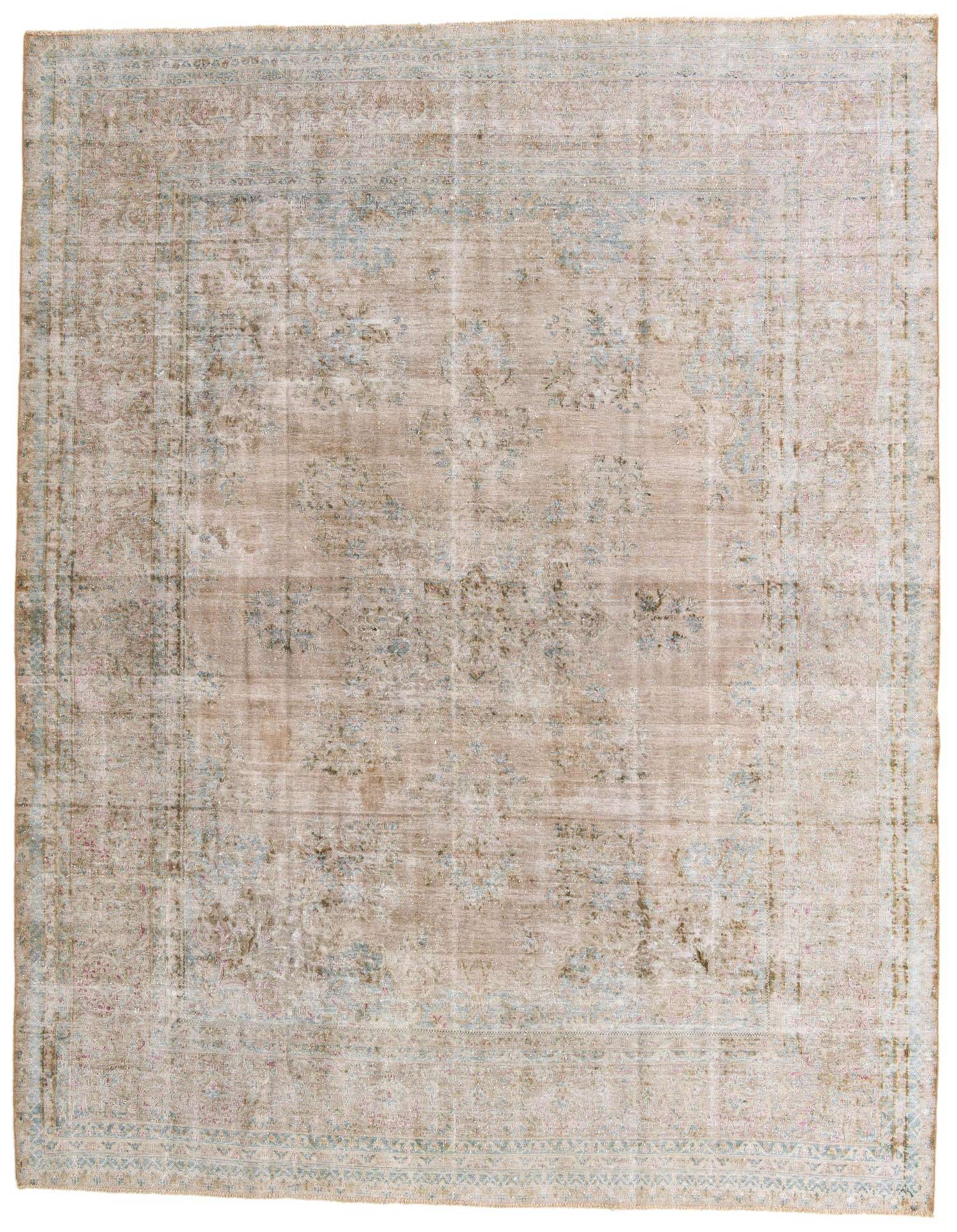 A 10x13 rectangular indoor rug with a distressed Persian medallion pattern in muted browns, tans, and ivories.