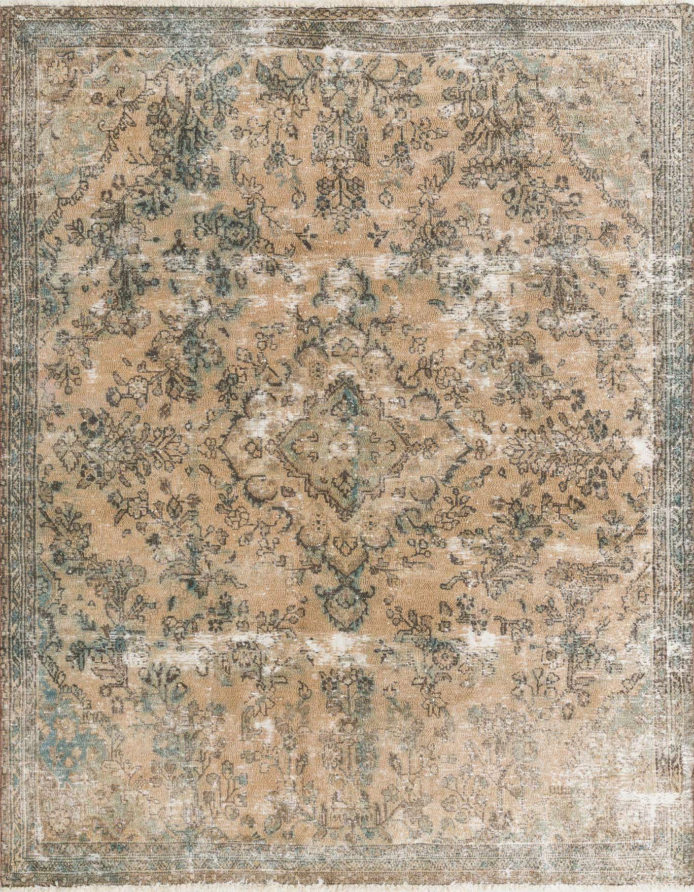 A 6x9 rectangular brown and ivory wool rug with a distressed Persian medallion pattern and a flat pile.