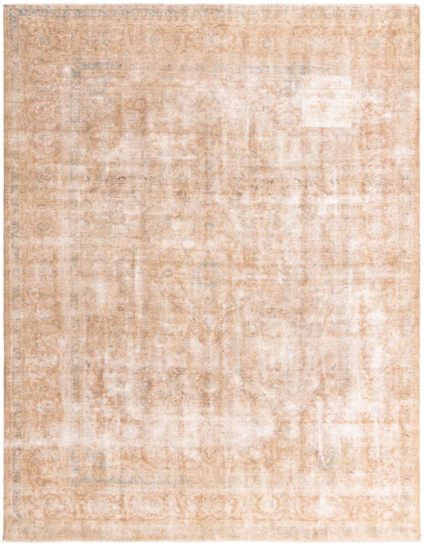 A 10x13 rectangular indoor rug with a distressed Persian medallion pattern in shades of brown, tan, and cream.