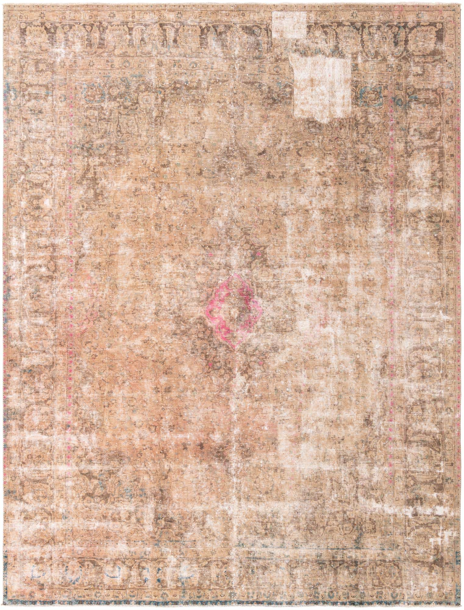 A 10x13 rectangular Ultra Vintage wool rug featuring a distressed Persian medallion pattern in browns, tans, and ivories with subtle pink accents, ideal for a living room.
