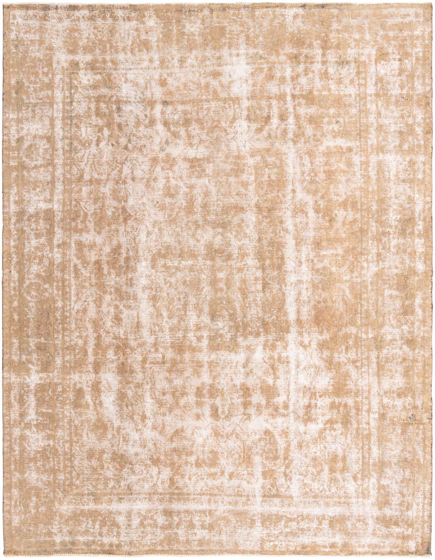 A 10x13 rectangular brown and ivory wool rug with a distressed Persian medallion pattern, suitable for a living room.