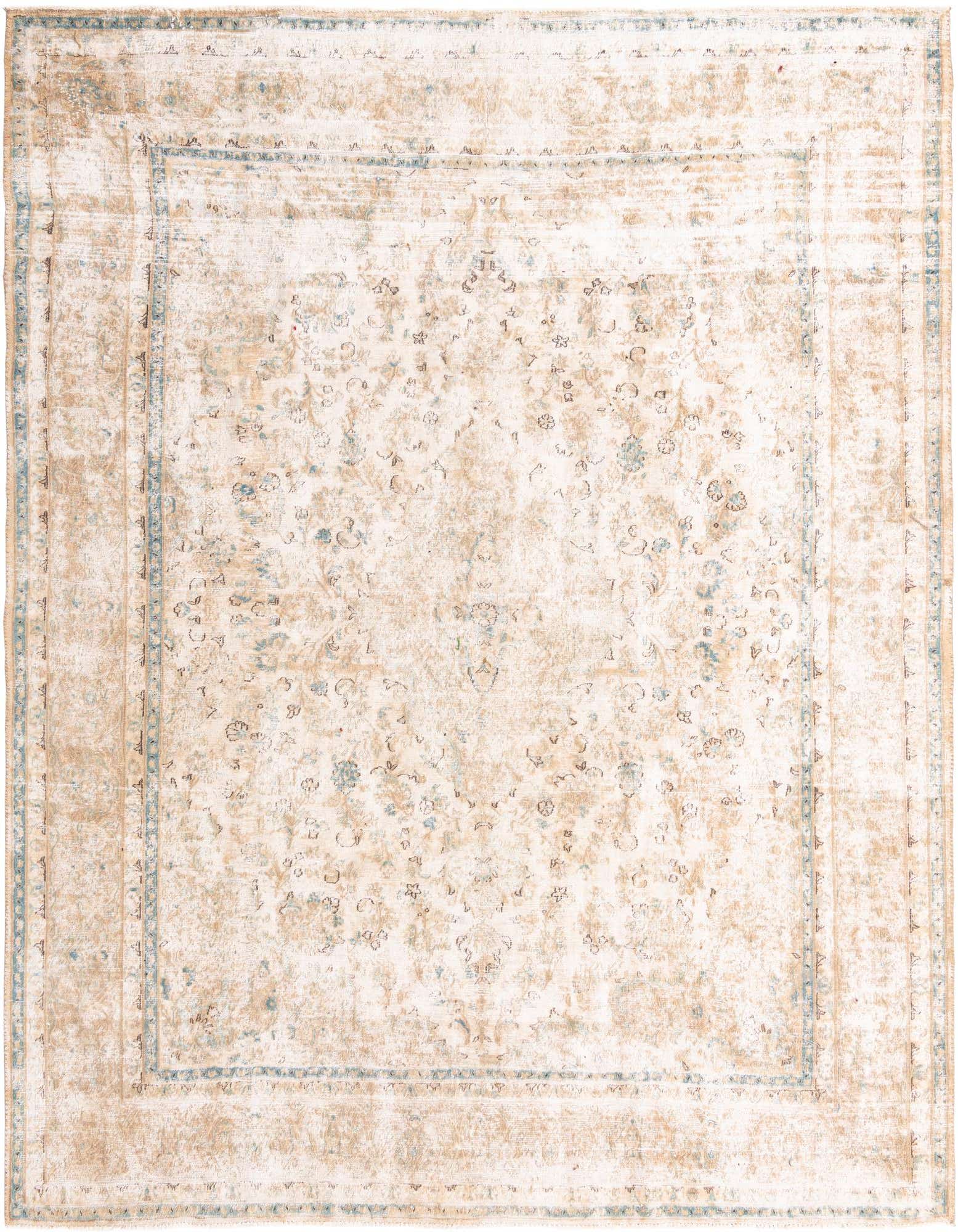 A 10x12 rectangular Ultra Vintage wool rug featuring a distressed Persian medallion pattern in browns, tans, and ivories with subtle blue accents.