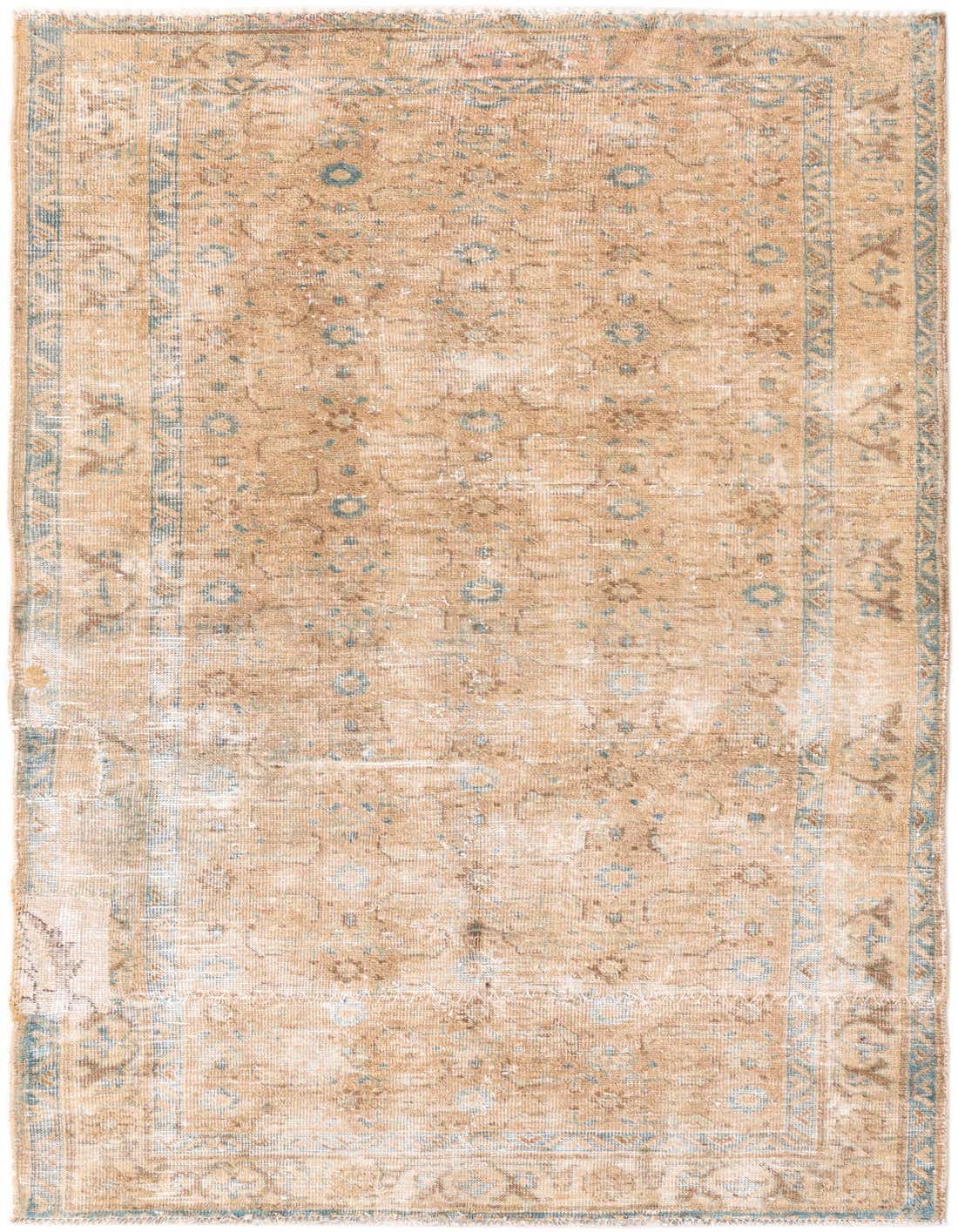 A 4x6 rectangular Ultra Vintage wool rug in shades of brown and tan with faded ivory and light blue Persian patterns.