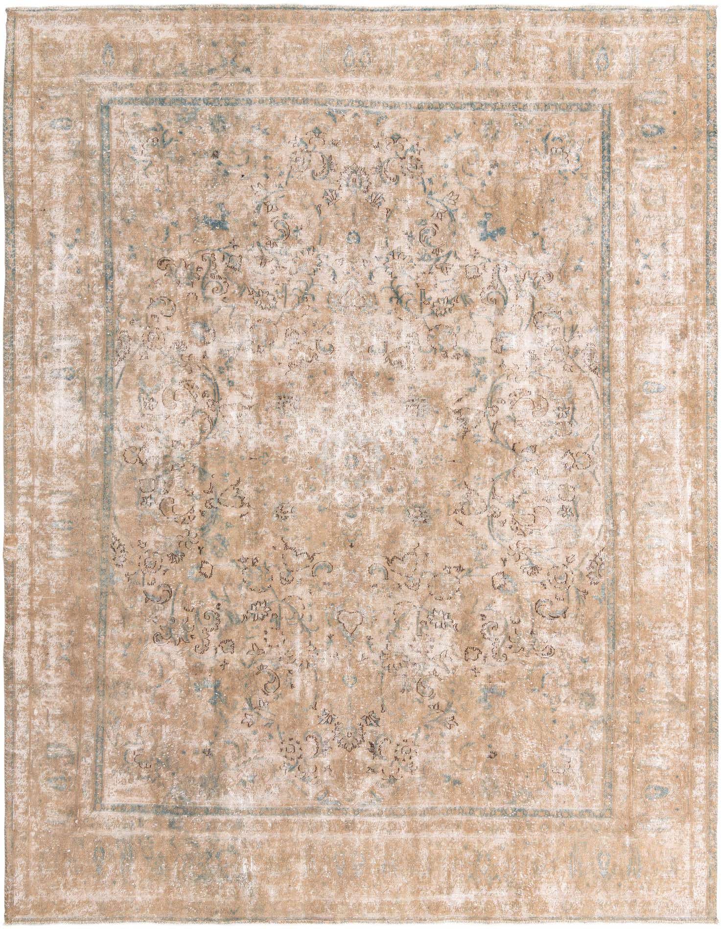 A 10x13 rectangular Ultra Vintage wool rug featuring a faded Persian medallion pattern in browns, tans, and ivories.
