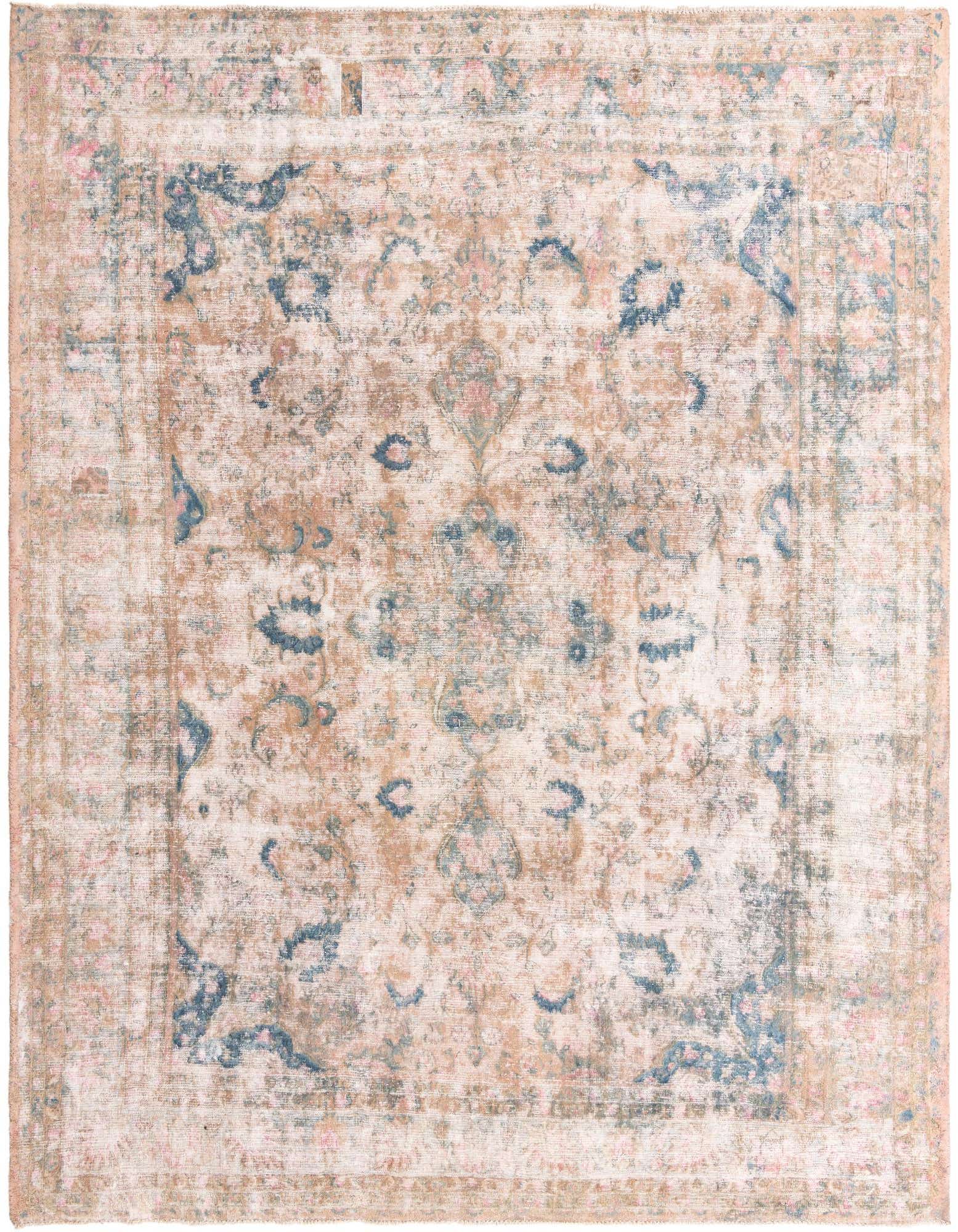 A 10x13 rectangular indoor rug with a distressed Persian medallion pattern in browns, tans, ivories, and subtle blues and pinks.