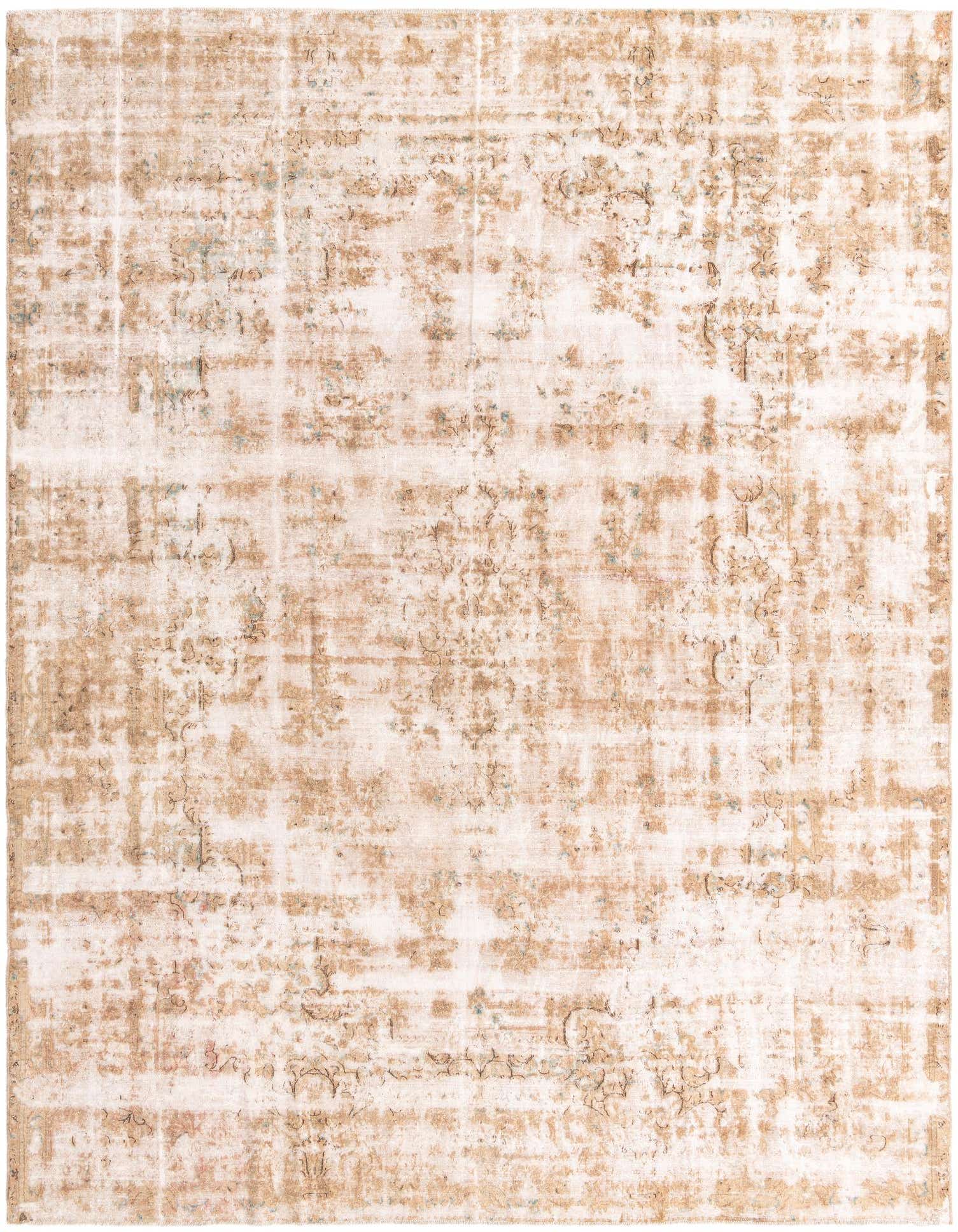 A 10x13 rectangular Ultra Vintage wool rug featuring a distressed Persian medallion pattern in browns, tans, and ivories.