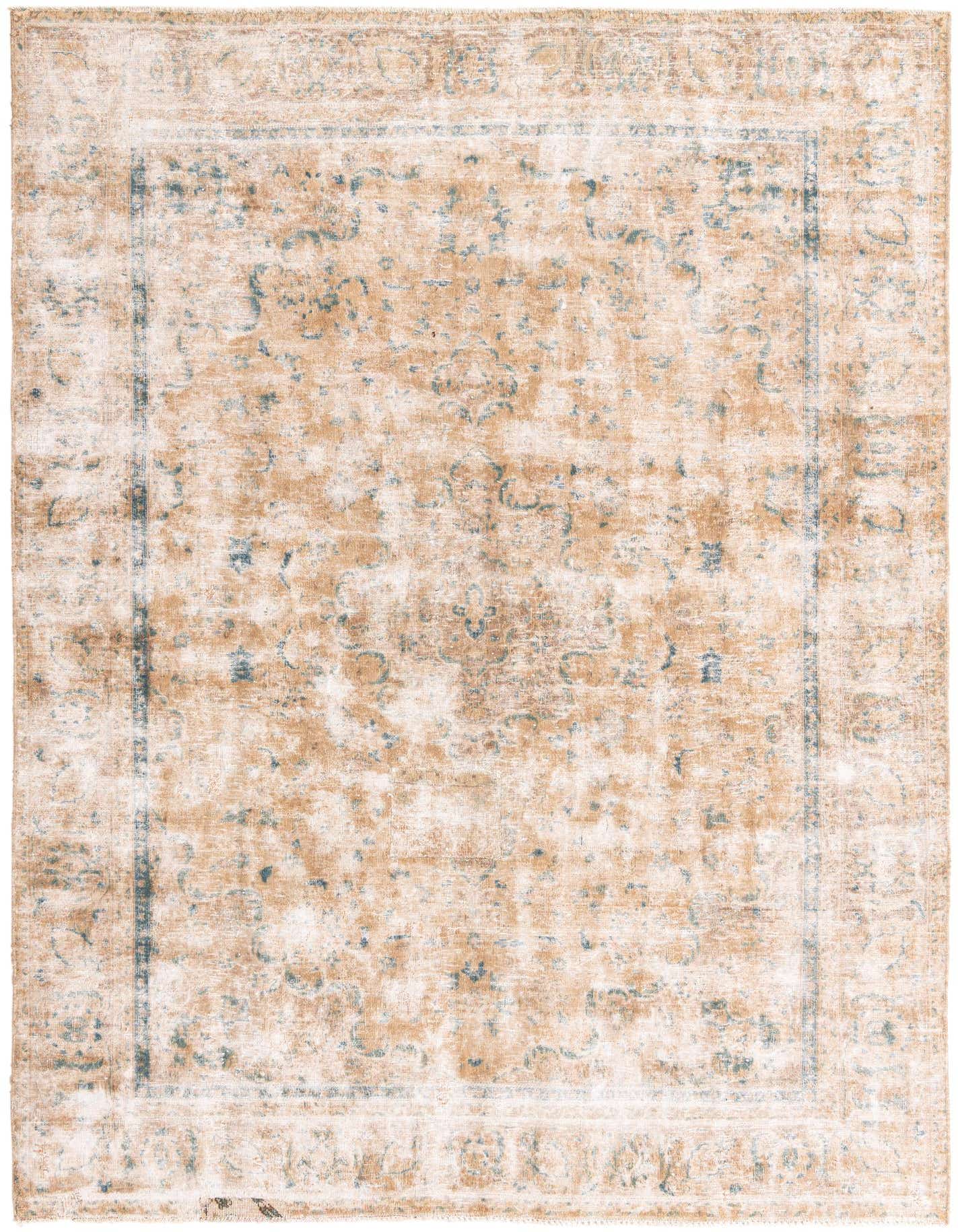 A 7x10 rectangular Ultra Vintage wool rug with a distressed Persian medallion pattern in browns, tans, and ivories.