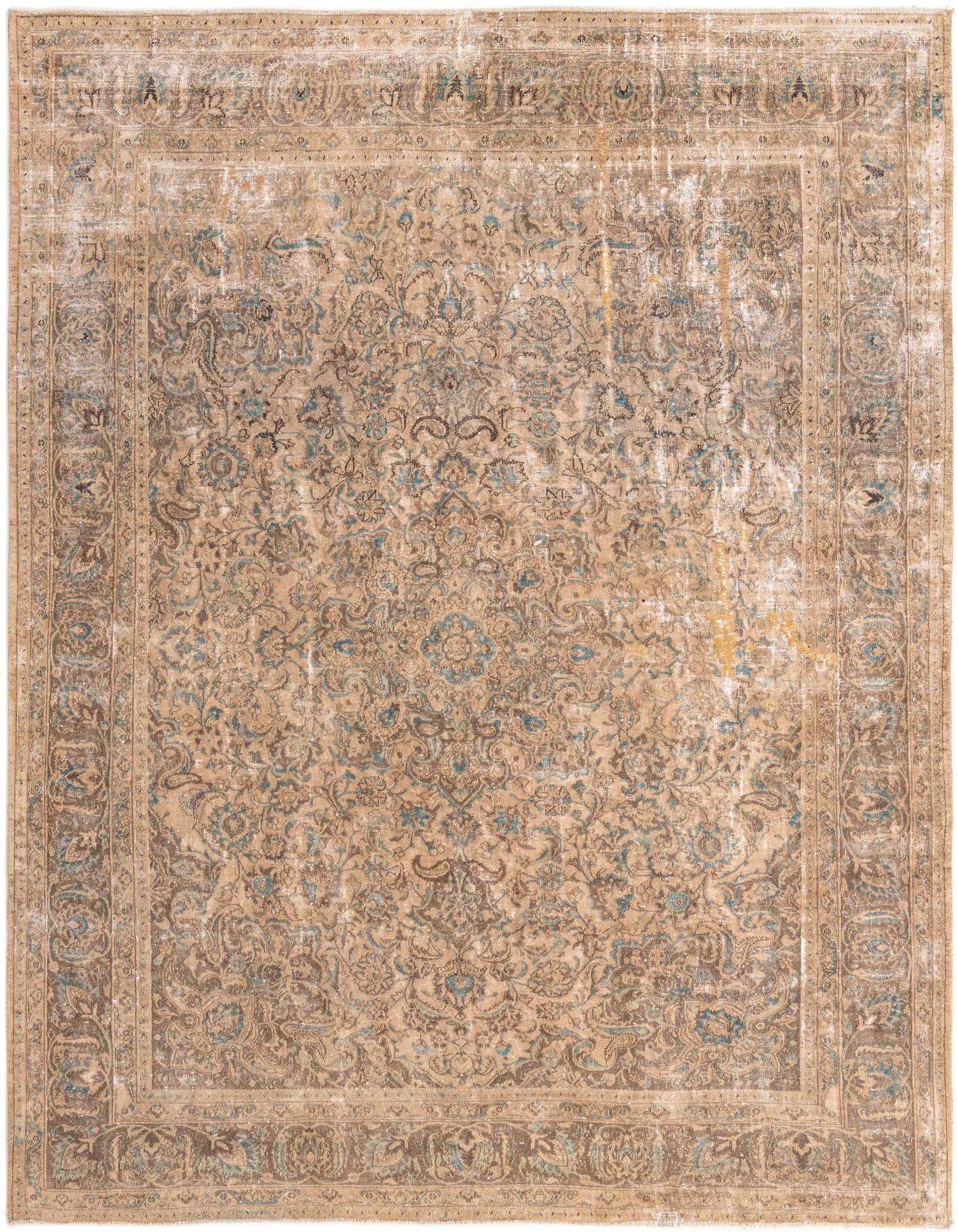 A large 10x13 rectangular indoor rug featuring a distressed Persian medallion pattern in browns, tans, and creams with hints of blue.