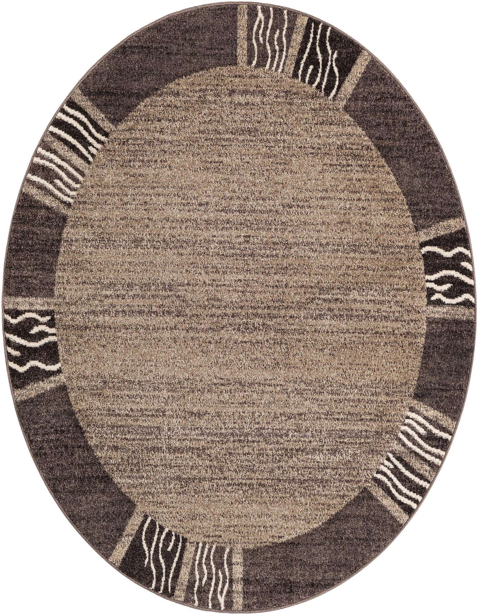 A 6' round brown rug with a tan center and a dark brown border featuring ivory wavy stripe accents, suitable for indoor spaces.