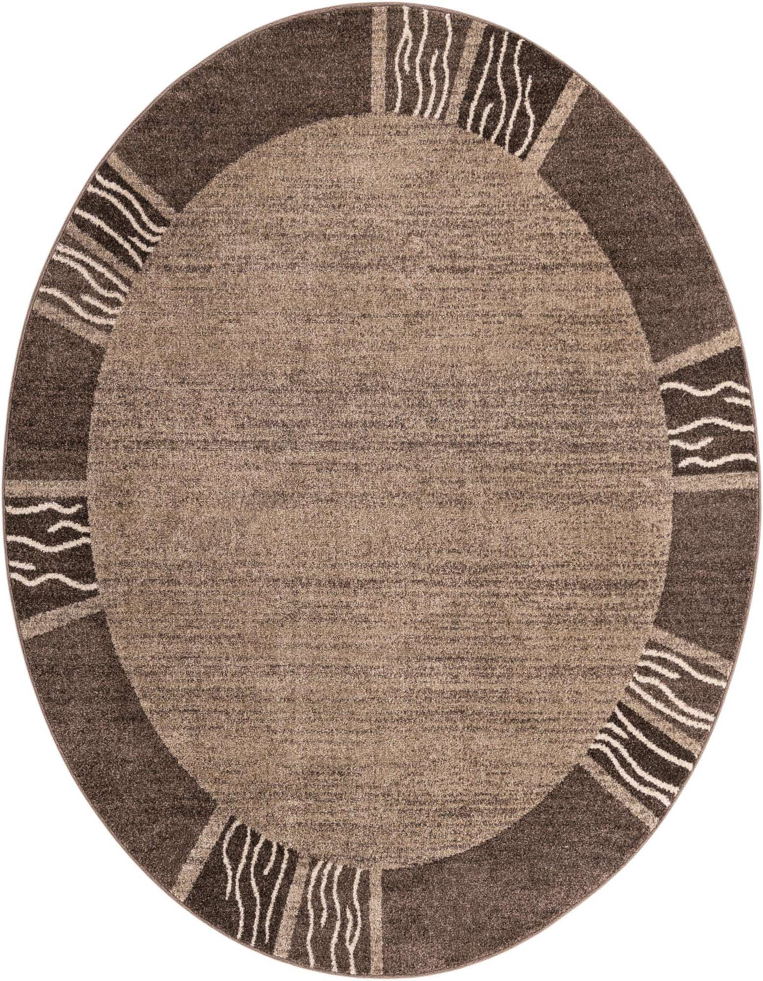 A round 7' 10" brown rug with a wide dark brown border featuring ivory wavy stripe patterns, ideal for a living room.