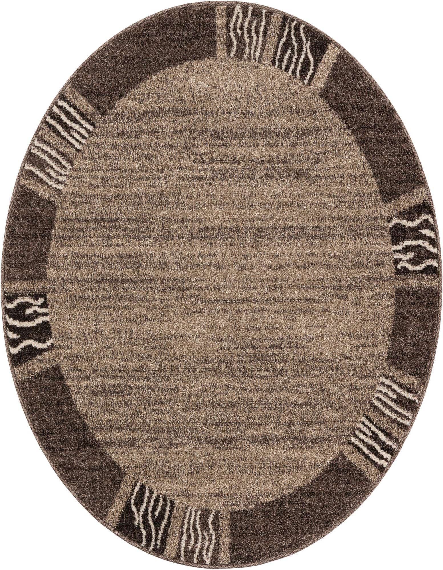 A round brown and tan area rug with a dark brown border featuring ivory abstract stripe patterns, suitable for a living room.