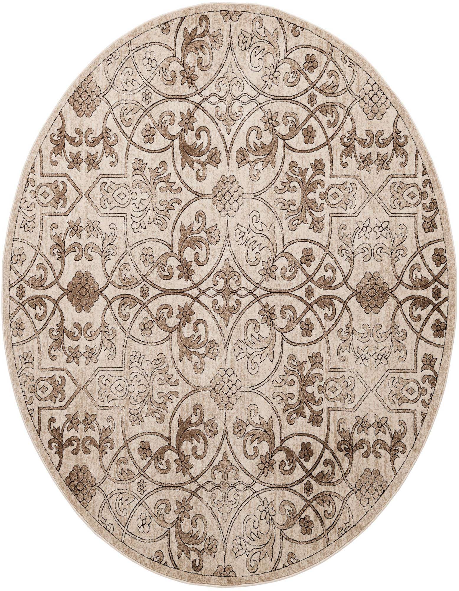 A round 7' 10" x 7' 10" Nepal Collection rug featuring a traditional botanical pattern in shades of brown and tan on an ivory background.