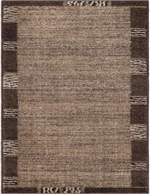 Brown and tan 8 ft runner rug with an abstract border pattern, ideal for a hallway or kitchen.