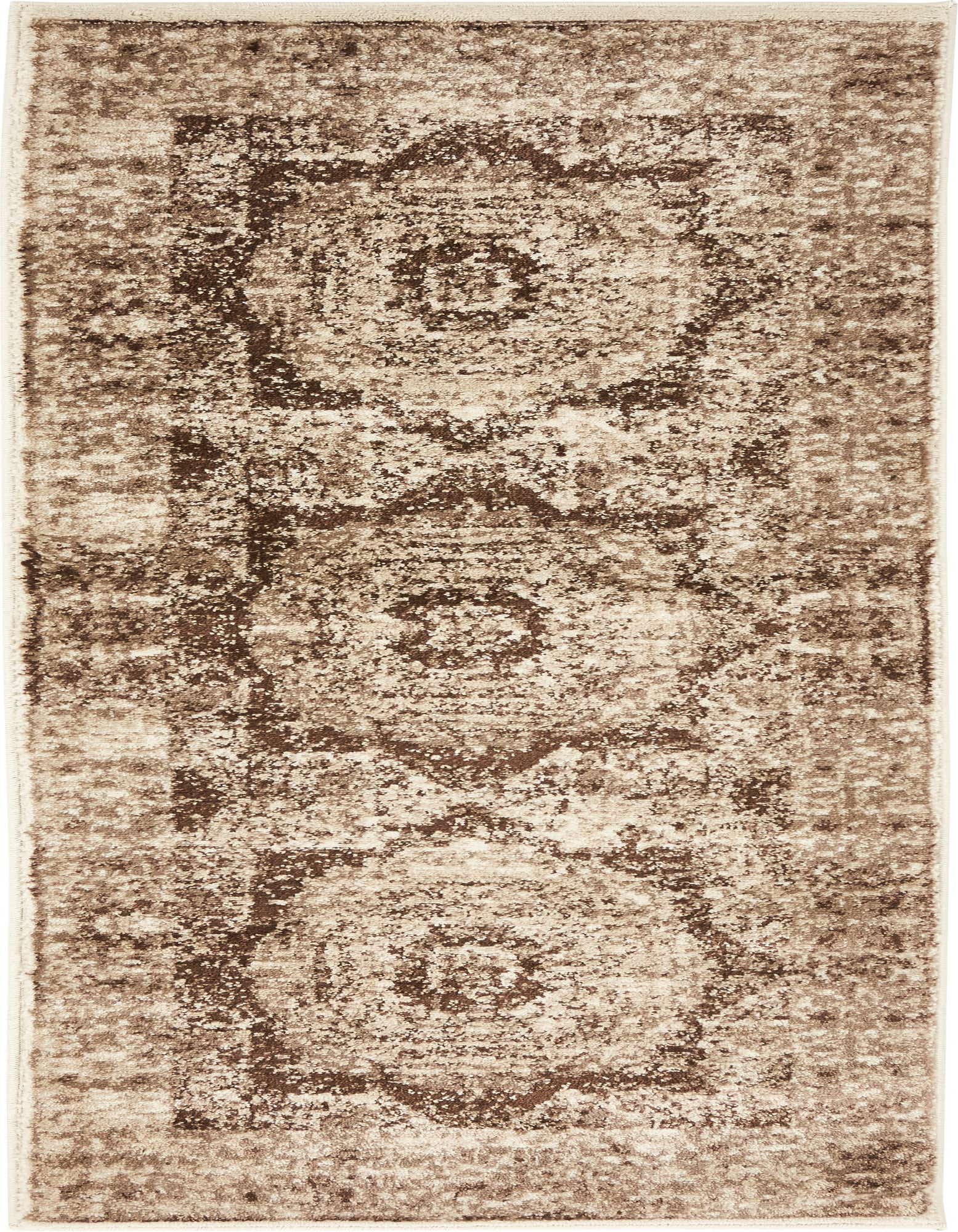 A 6 ft runner rug with a distressed medallion pattern in varying shades of brown, tan, and cream, ideal for a hallway or kitchen.