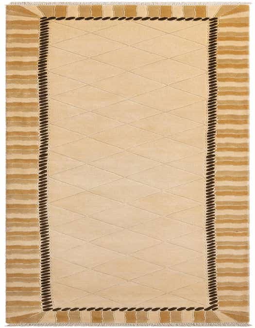 A Darya 13 ft runner rug in browns, tans, and ivories, featuring a modern oriental pattern with a diamond center and striped border, perfect for a hallway.