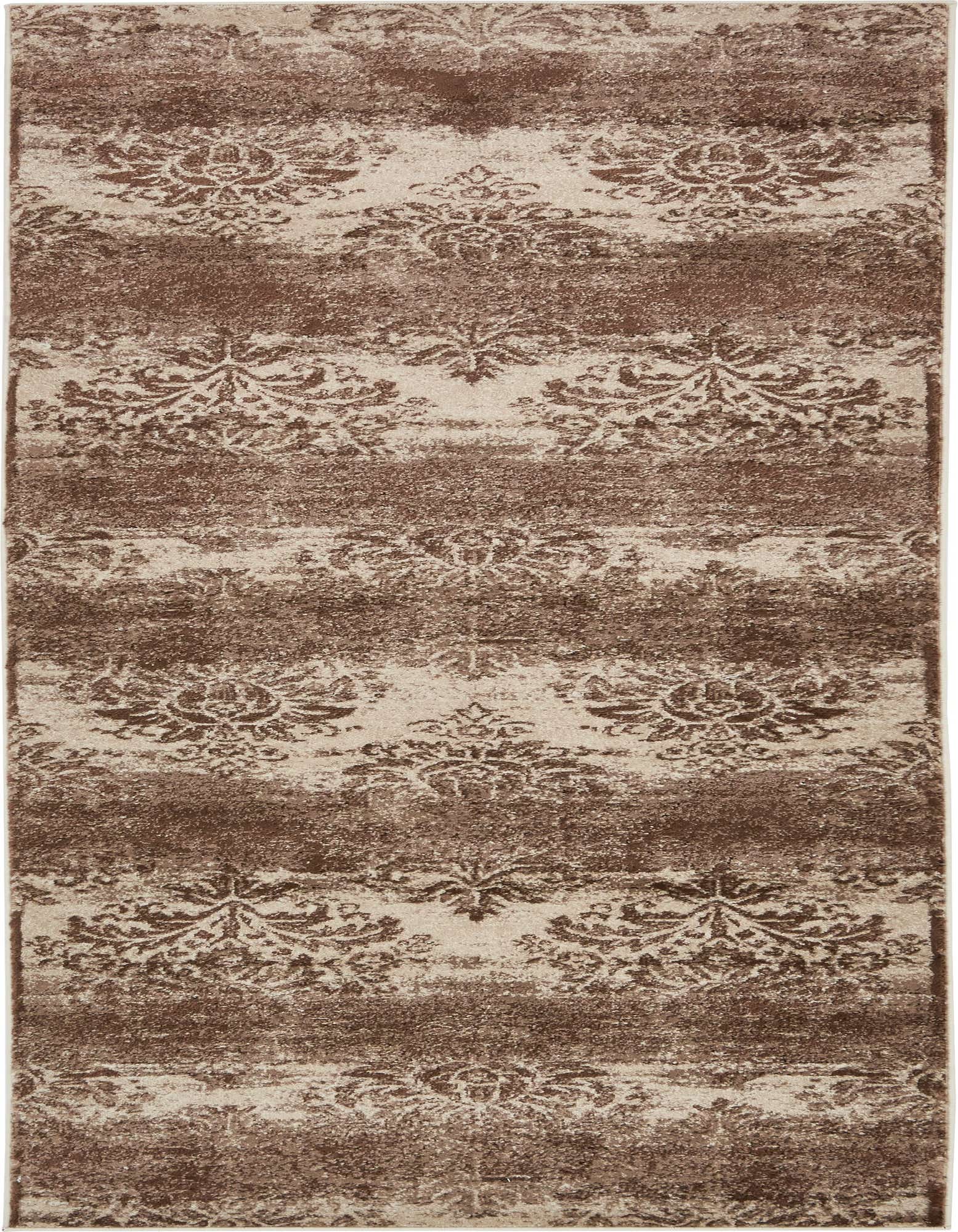 A 10 ft runner rug in shades of brown and tan with a distressed traditional botanical pattern, ideal for a hallway.