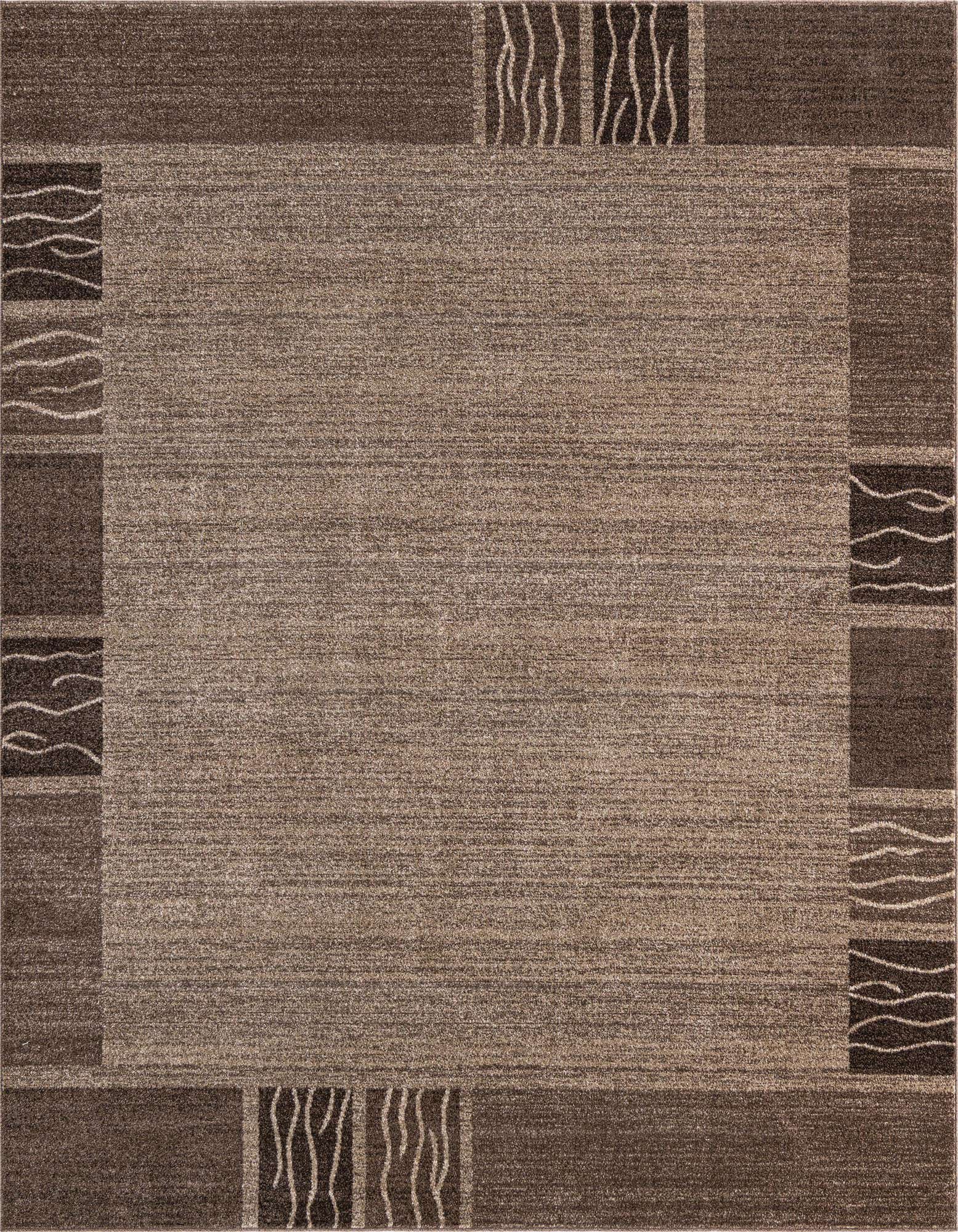 A 7' 10 x 7' 10 square brown and tan polypropylene rug with a contemporary border pattern.