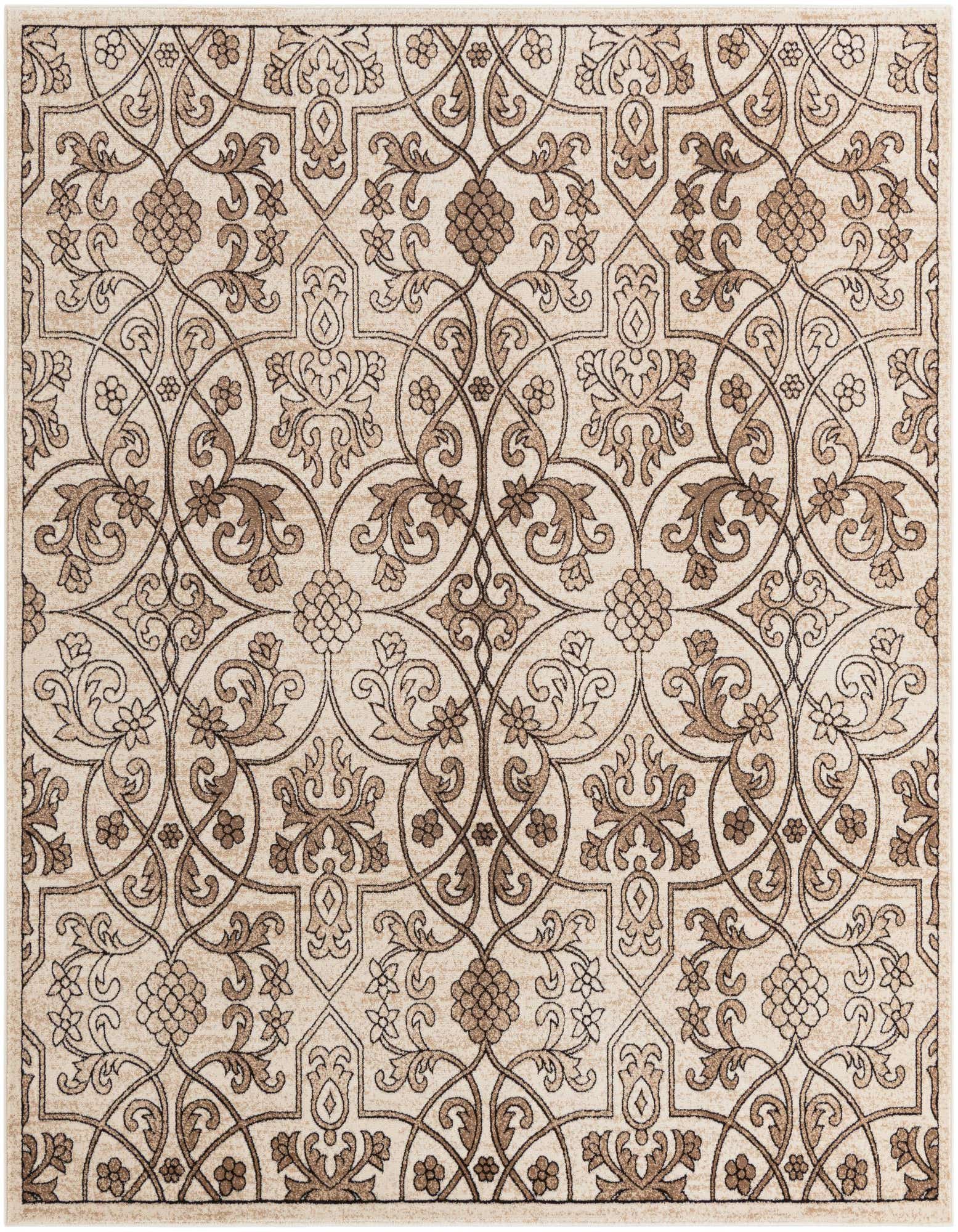 A square 8' x 8' Rugs.com Nepal rug featuring a traditional botanical pattern in shades of brown and tan on an ivory background.