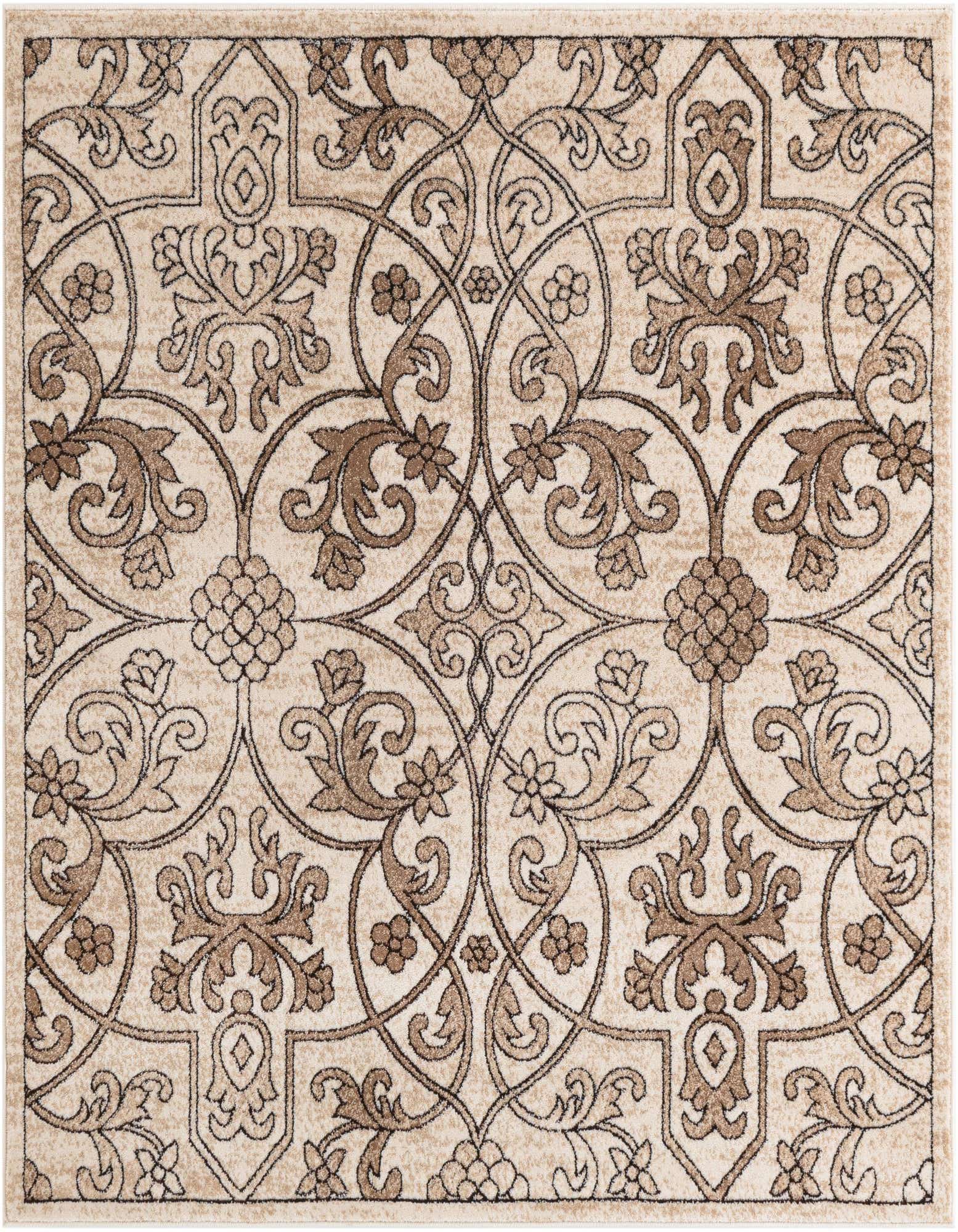 A 5' 3 x 5' 3 square Nepal rug with a traditional botanical pattern in shades of brown, tan, and cream.
